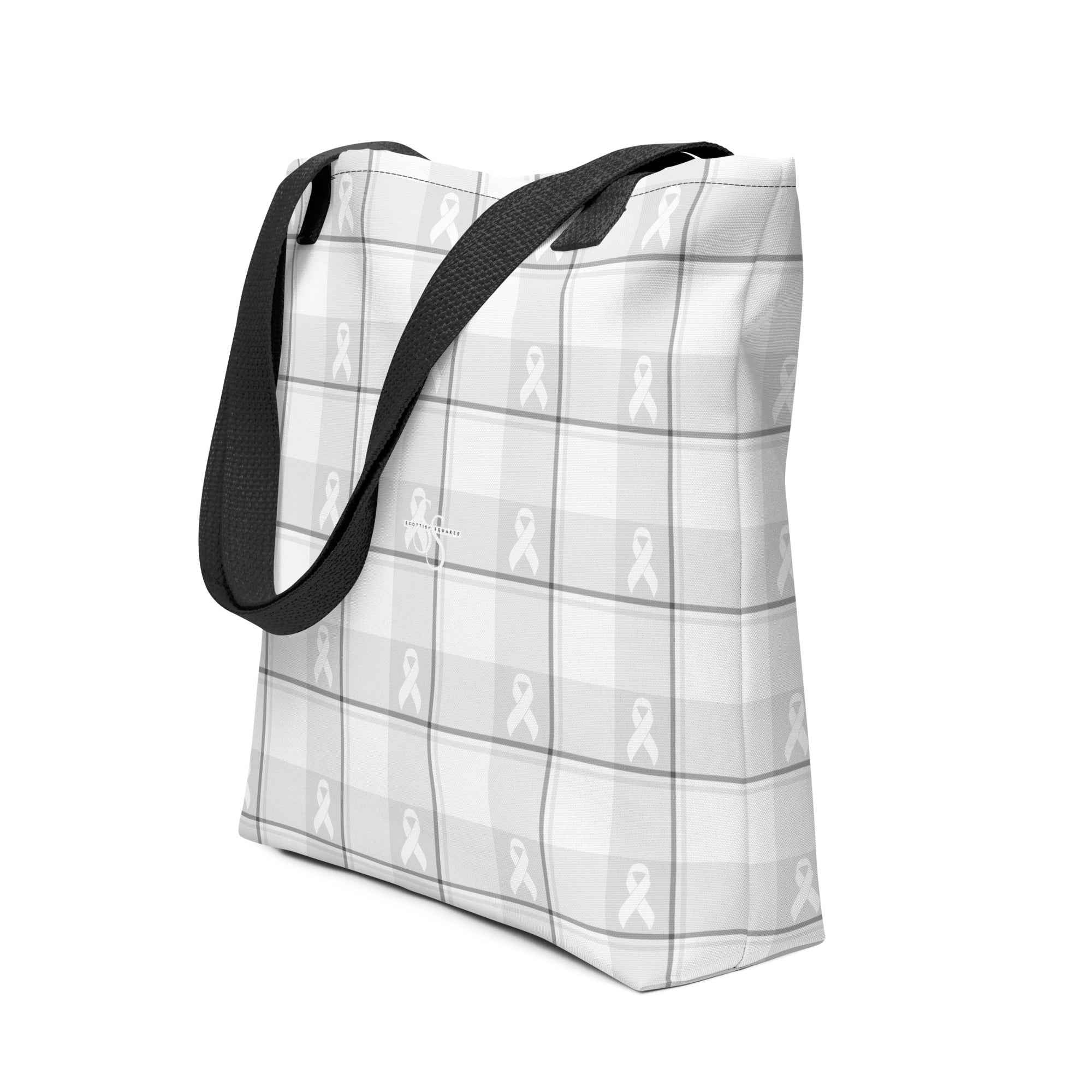 Tote Bag Lung Cancer Awareness Plaid, White Ribbon, Supportive Gift - Scottish Squares