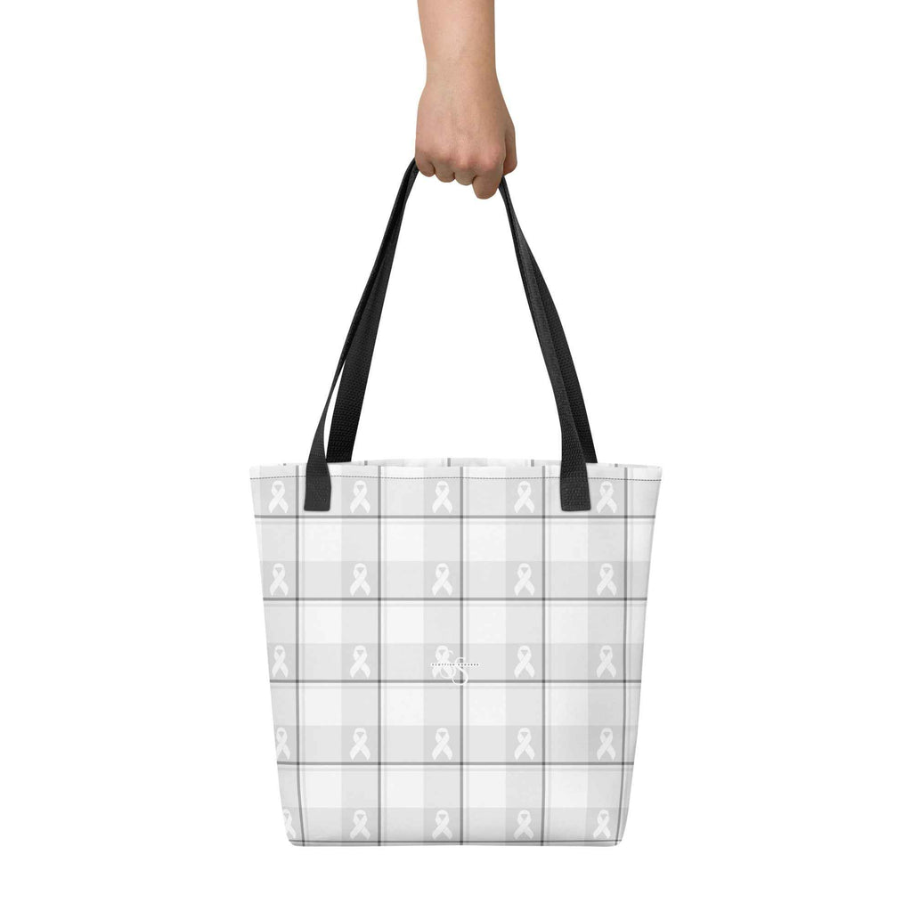 Tote Bag Lung Cancer Awareness Plaid, White Ribbon, Supportive Gift - Scottish Squares