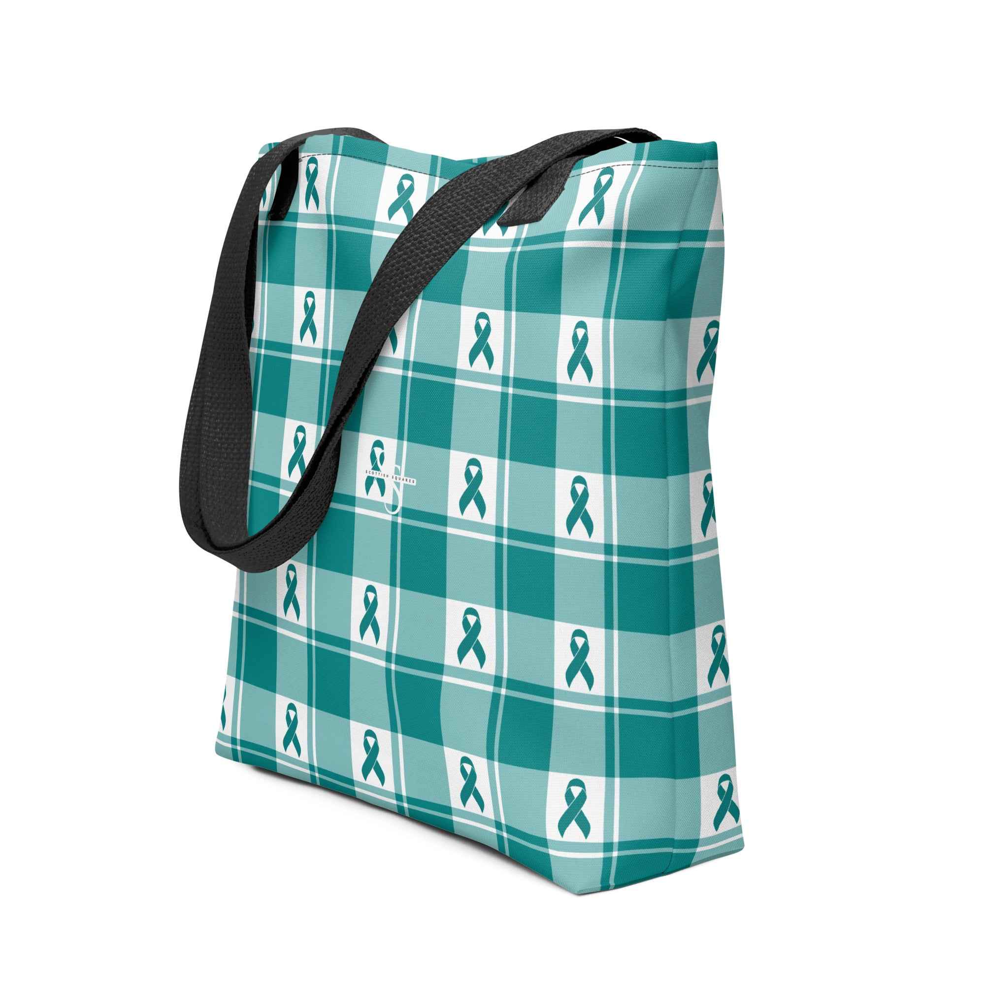 Tote Bag Cervical Cancer Awareness Plaid, Teal Ribbon, Supportive Gift - Scottish Squares