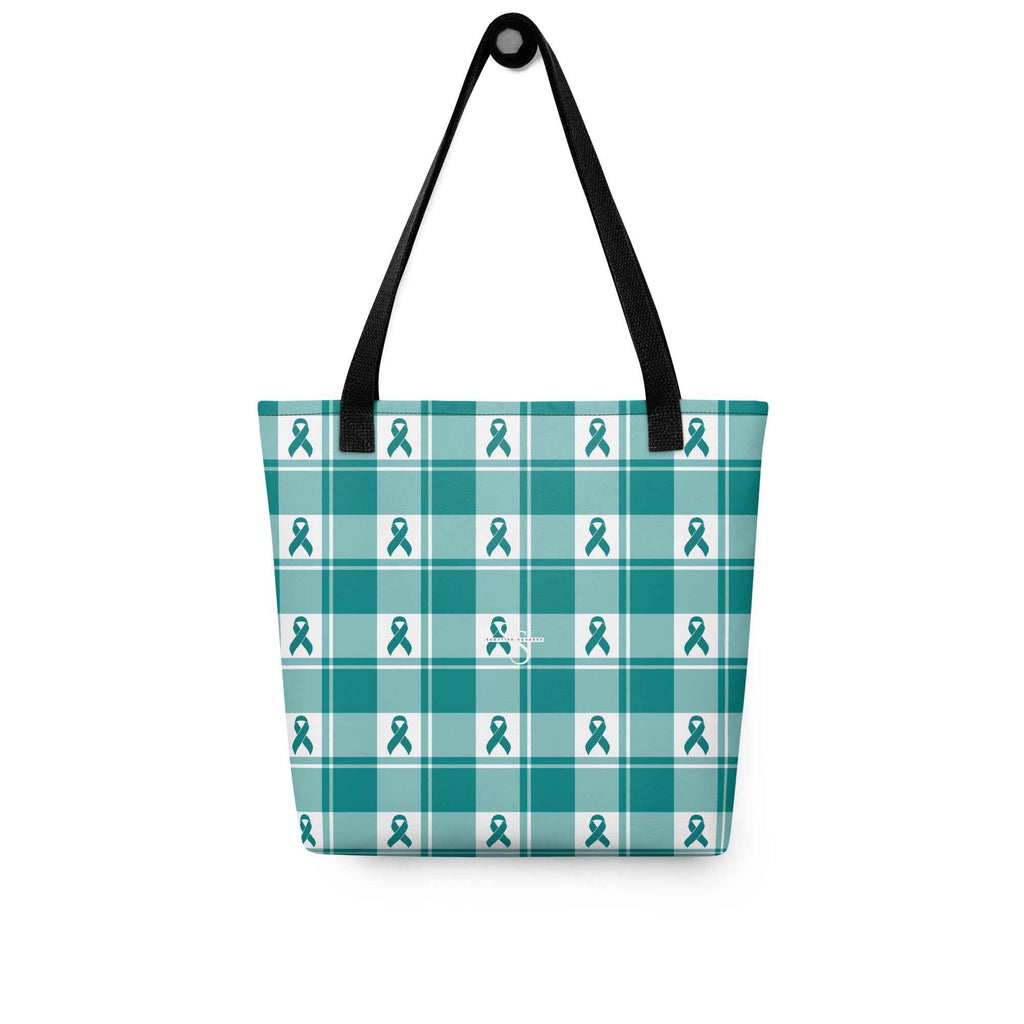 Tote Bag Cervical Cancer Awareness Plaid, Teal Ribbon, Supportive Gift - Scottish Squares