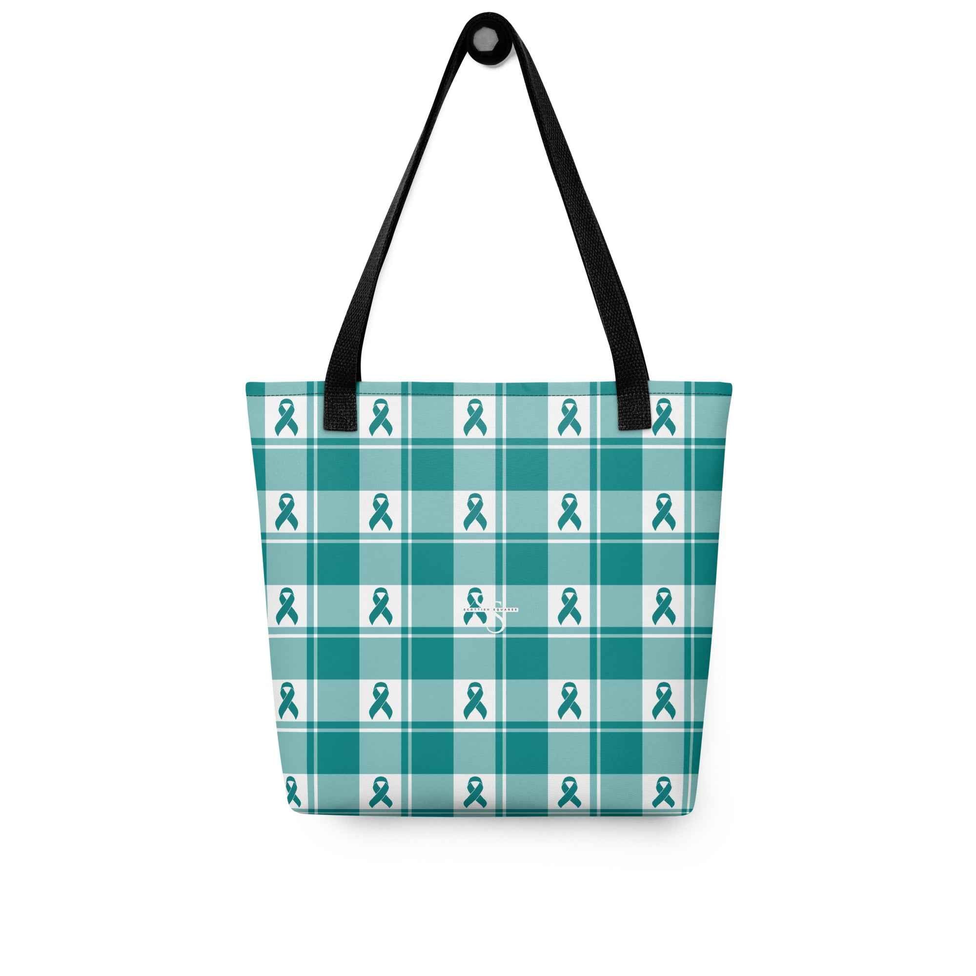 Tote Bag Cervical Cancer Awareness Plaid, Teal Ribbon, Supportive Gift - Scottish Squares