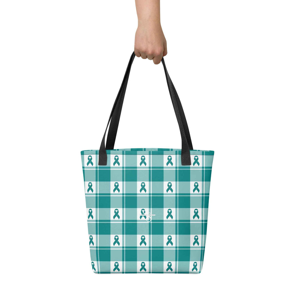 Tote Bag Cervical Cancer Awareness Plaid, Teal Ribbon, Supportive Gift - Scottish Squares