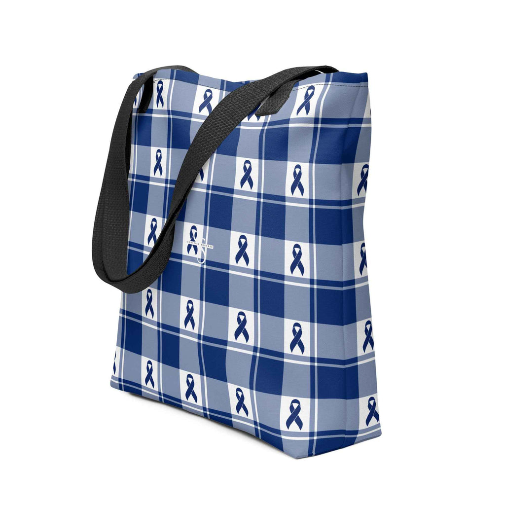 Tote Bag Colorectal Cancer Awareness Plaid, Dark Blue Ribbon, Supportive Gift - Scottish Squares