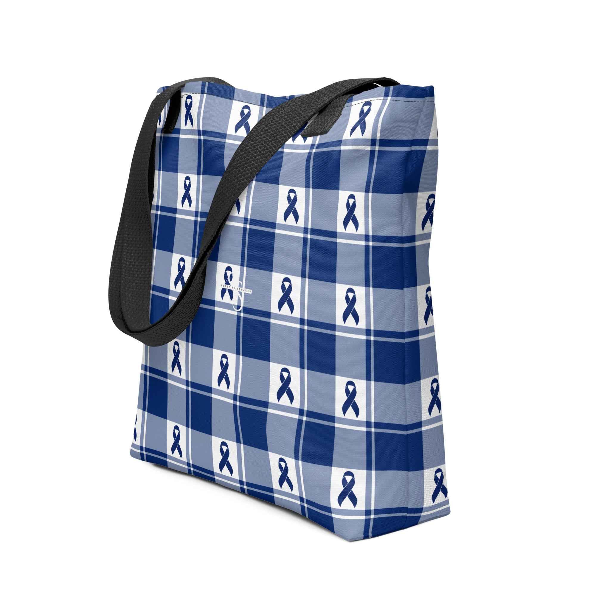 Tote Bag Colorectal Cancer Awareness Plaid, Dark Blue Ribbon, Supportive Gift - Scottish Squares