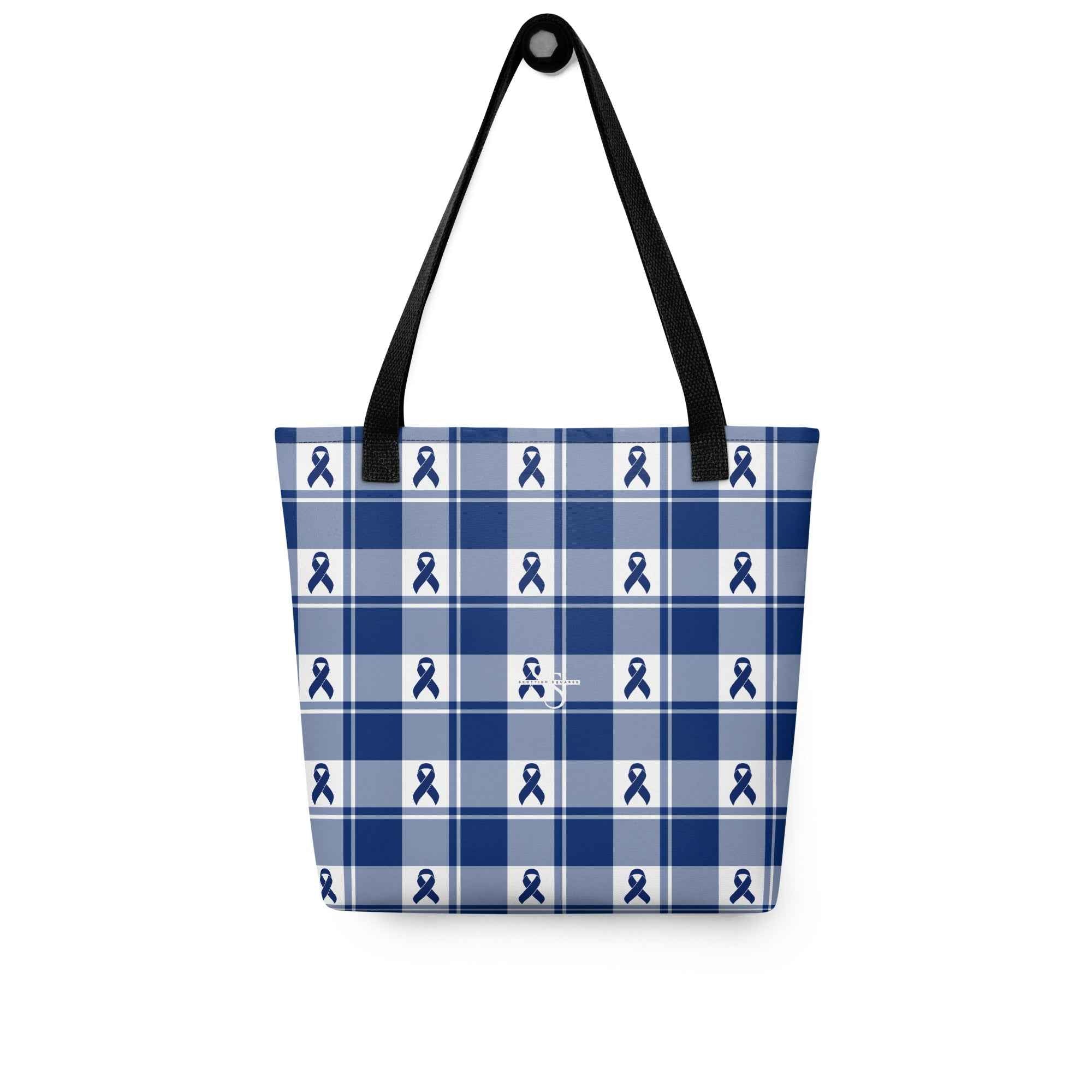 Tote Bag Colorectal Cancer Awareness Plaid, Dark Blue Ribbon, Supportive Gift - Scottish Squares