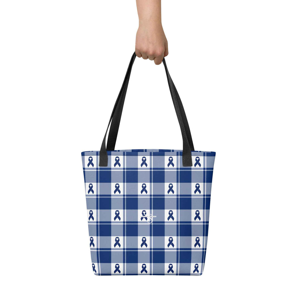 Tote Bag Colorectal Cancer Awareness Plaid, Dark Blue Ribbon, Supportive Gift - Scottish Squares