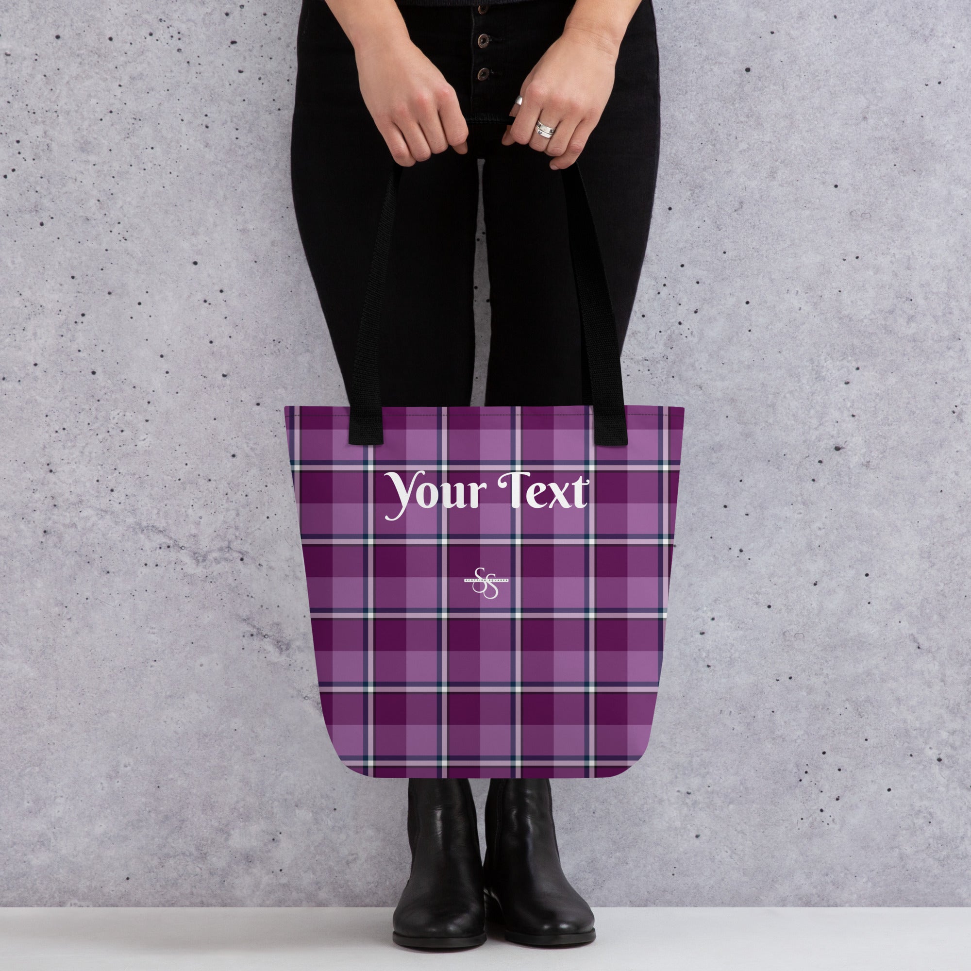 Personalized Purple and Trendy Pink Plaid Tote Bag - Scottish Squares