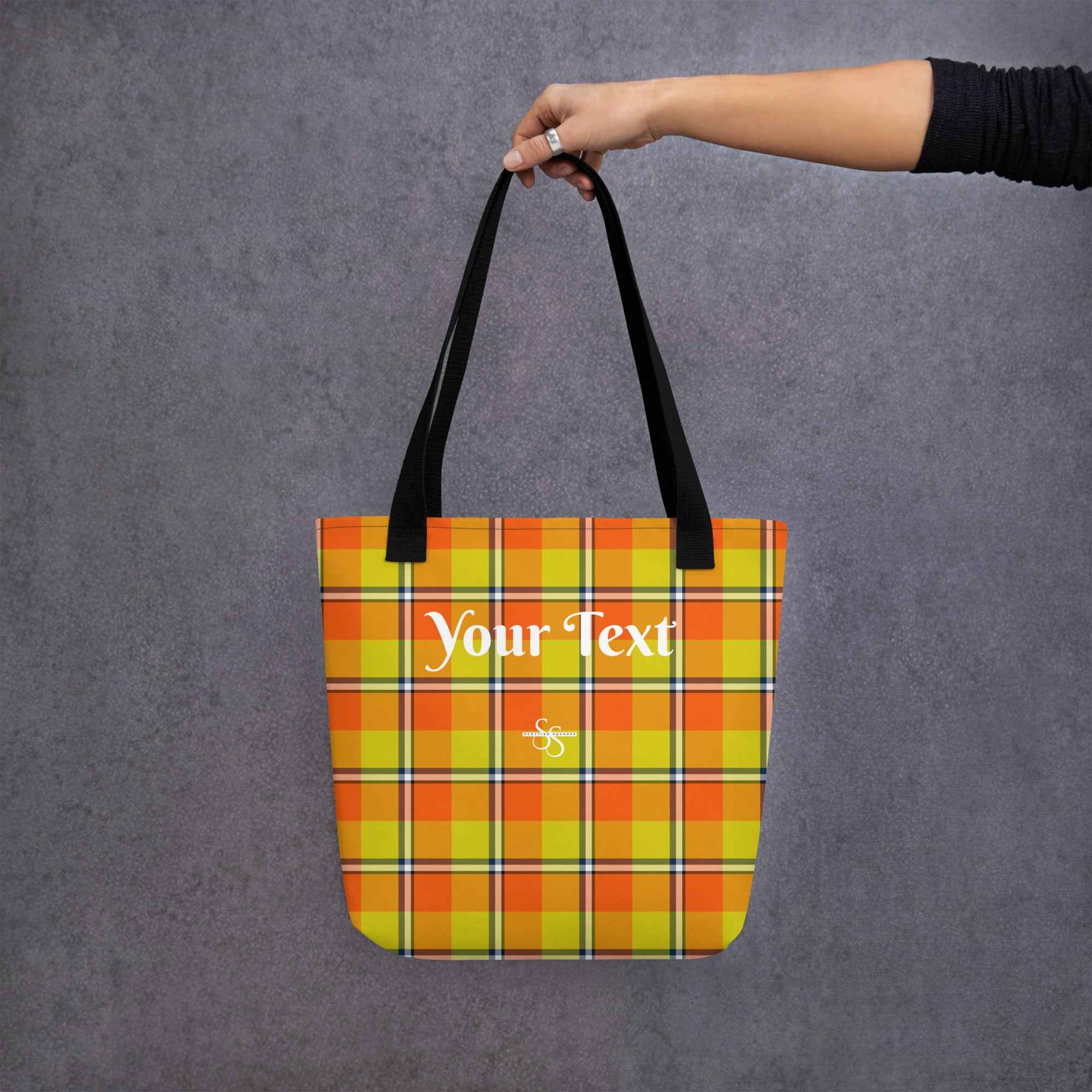 Personalized Blaze Orange and Bird Flower Plaid Tote Bag - Scottish Squares