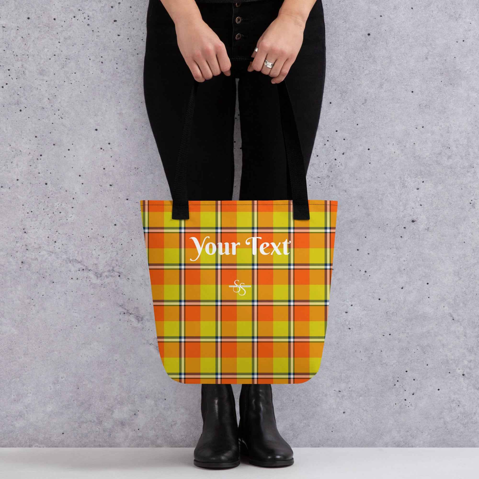 Personalized Blaze Orange and Bird Flower Plaid Tote Bag - Scottish Squares