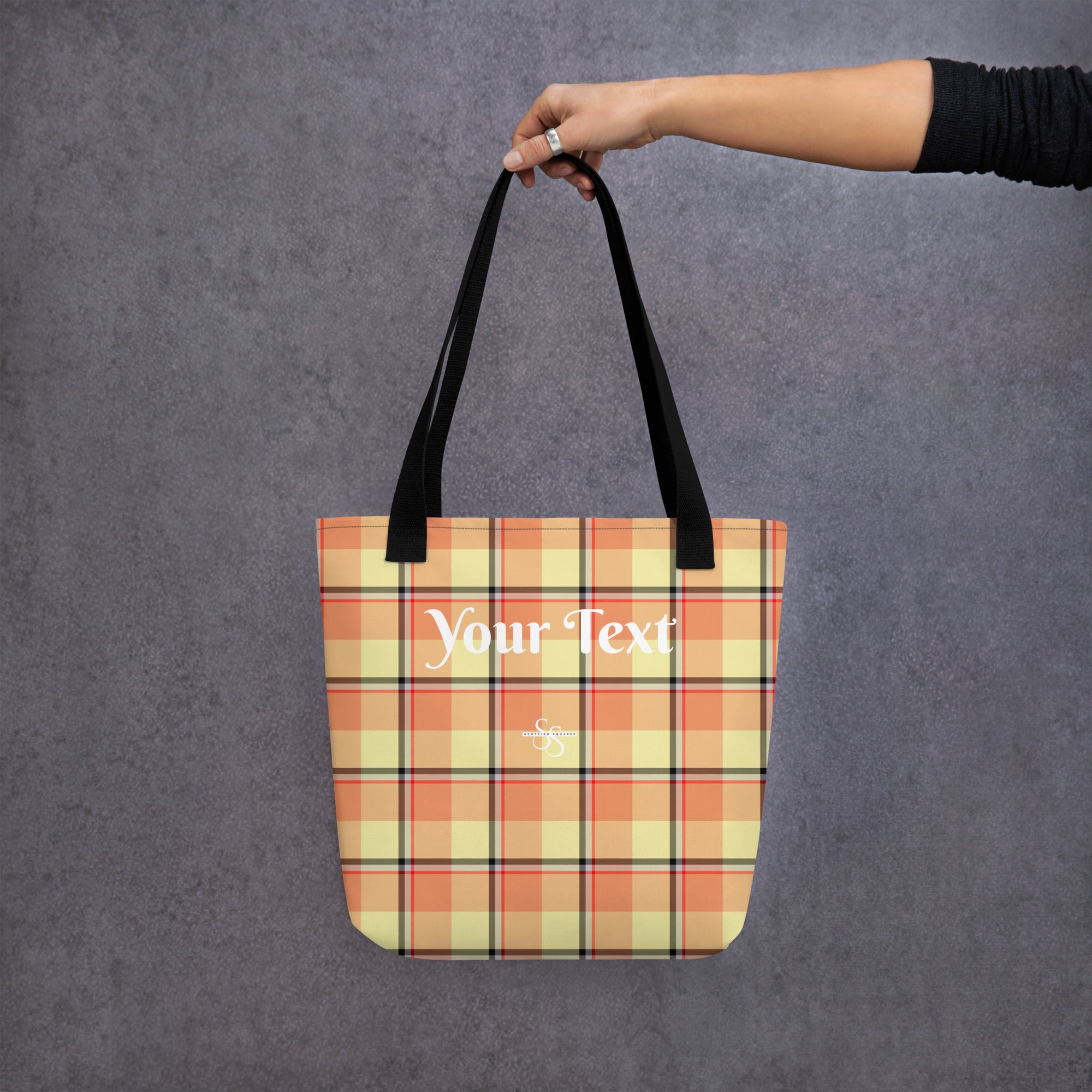 Personalized Claystone and Morning Mist Plaid Tote Bag - Scottish Squares