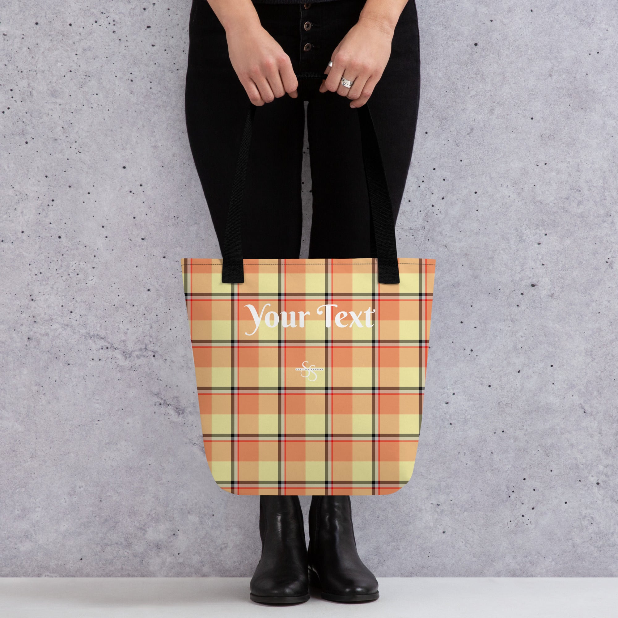 Personalized Claystone and Morning Mist Plaid Tote Bag - Scottish Squares