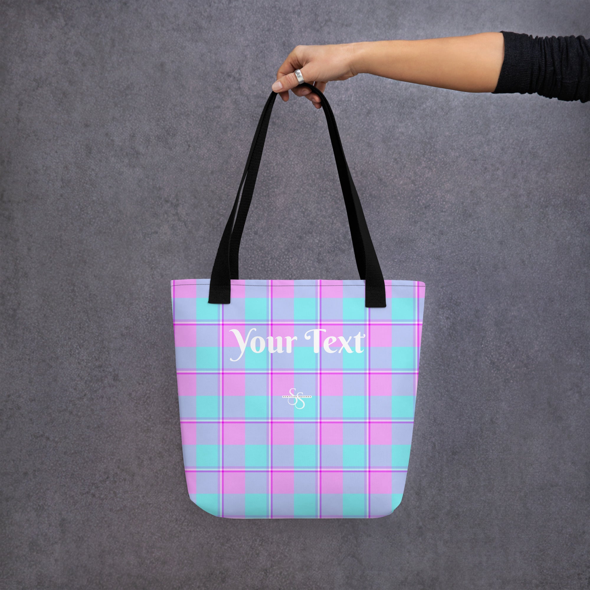 Personalized Mauve and Coastal Mist Plaid Tote Bag - Scottish Squares