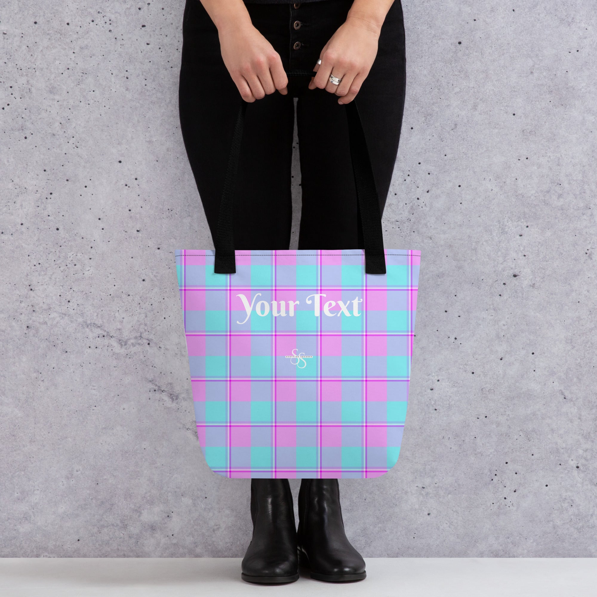 Personalized Mauve and Coastal Mist Plaid Tote Bag - Scottish Squares