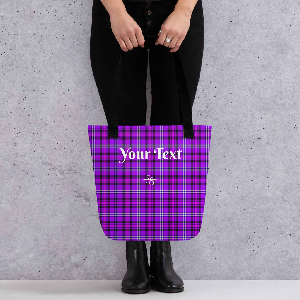 Personalized Electric Violet and Fuchsia Plaid Tote Bag - Scottish Squares