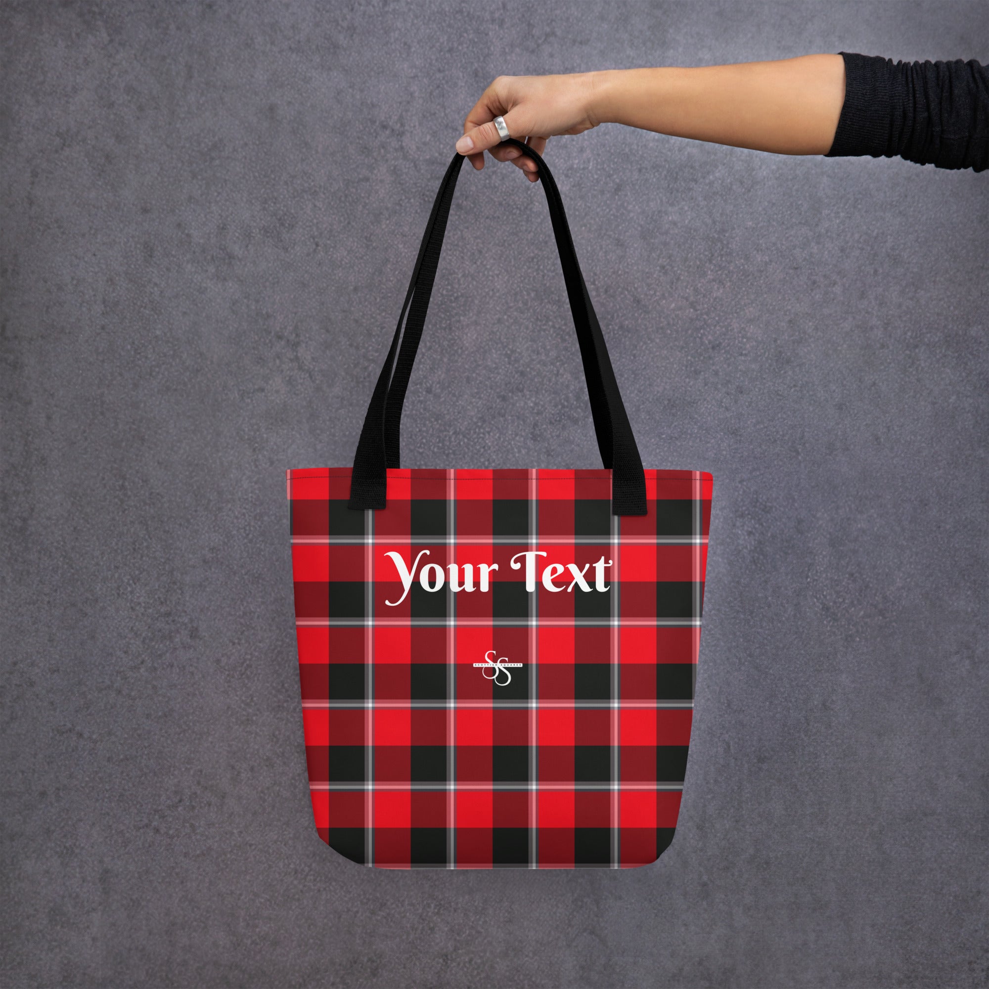 Personalized Red Ribbon and Heavy Metal Plaid Tote Bag - Scottish Squares