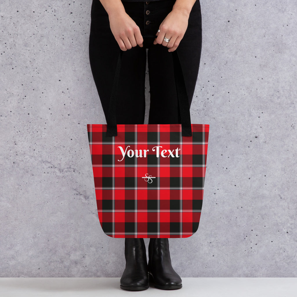 Personalized Red Ribbon and Heavy Metal Plaid Tote Bag - Scottish Squares