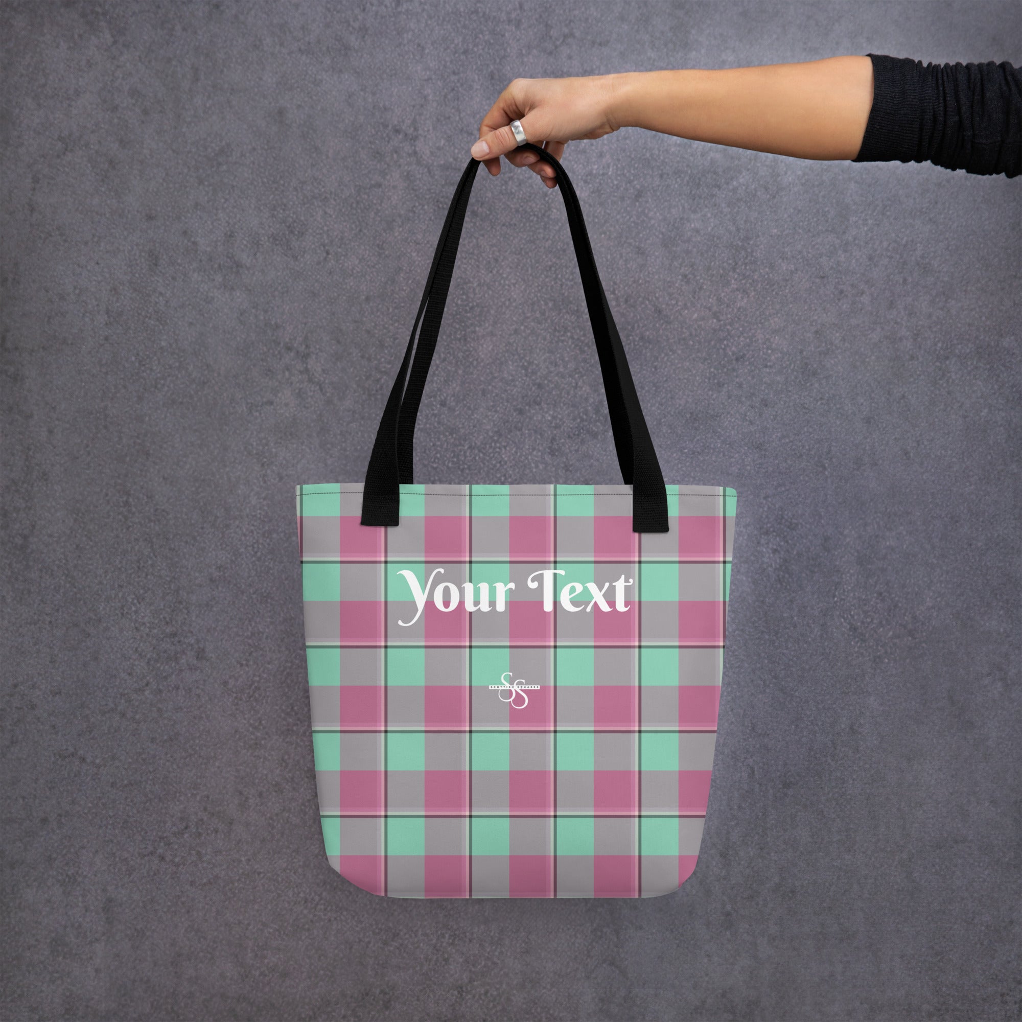 Personalized Vista Blue and Turkish Rose Plaid Tote Bag - Scottish Squares