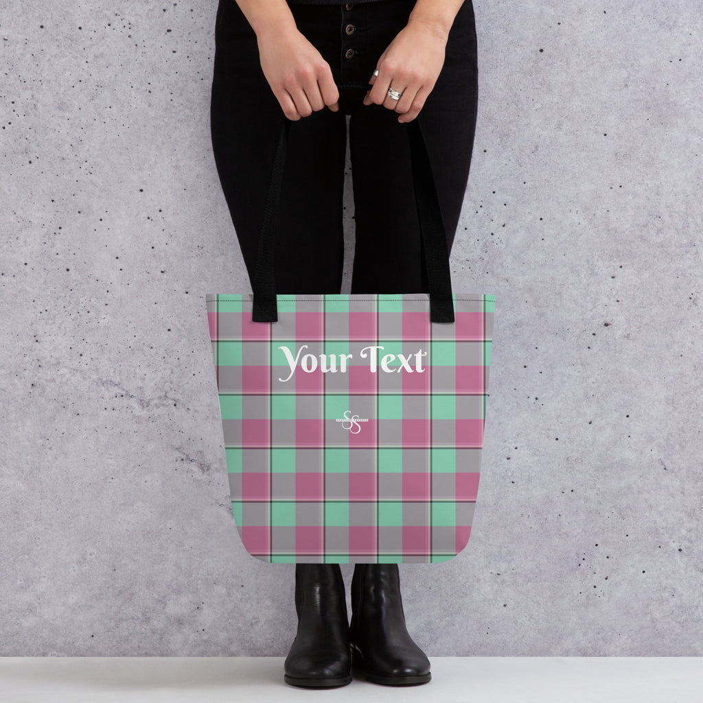 Personalized Vista Blue and Turkish Rose Plaid Tote Bag - Scottish Squares