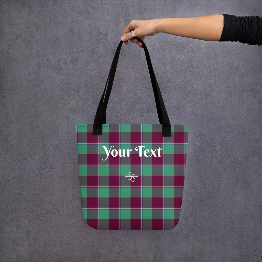 Personalized Ocean Green and Mulberry Wood Plaid Tote Bag - Scottish Squares