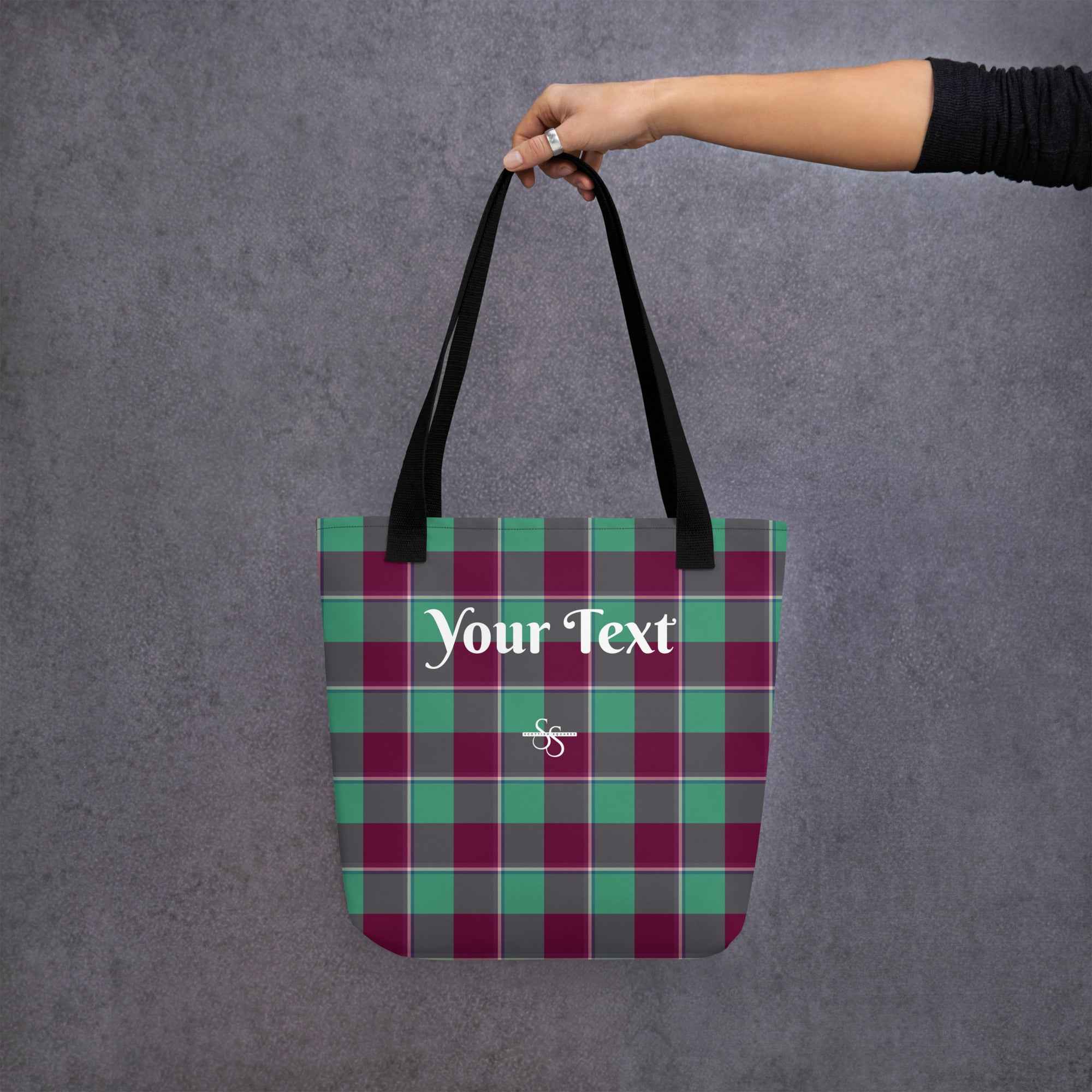 Personalized Ocean Green and Mulberry Wood Plaid Tote Bag - Scottish Squares