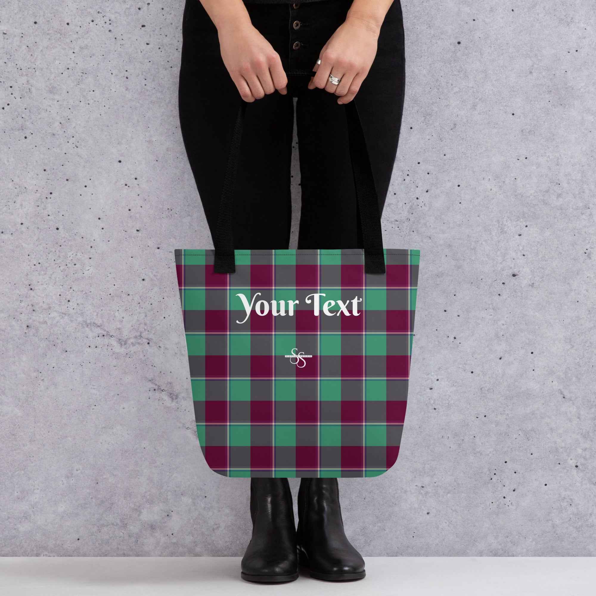 Personalized Ocean Green and Mulberry Wood Plaid Tote Bag - Scottish Squares