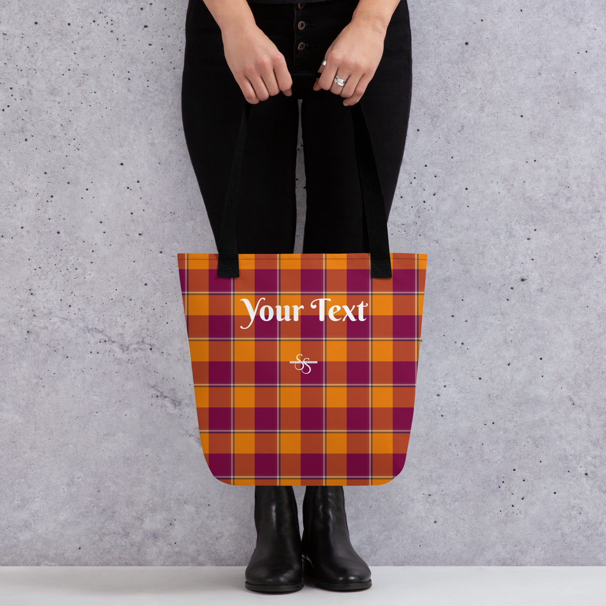 Personalized Tahiti Gold and Rose Bud Cherry Plaid Tote Bag - Scottish Squares