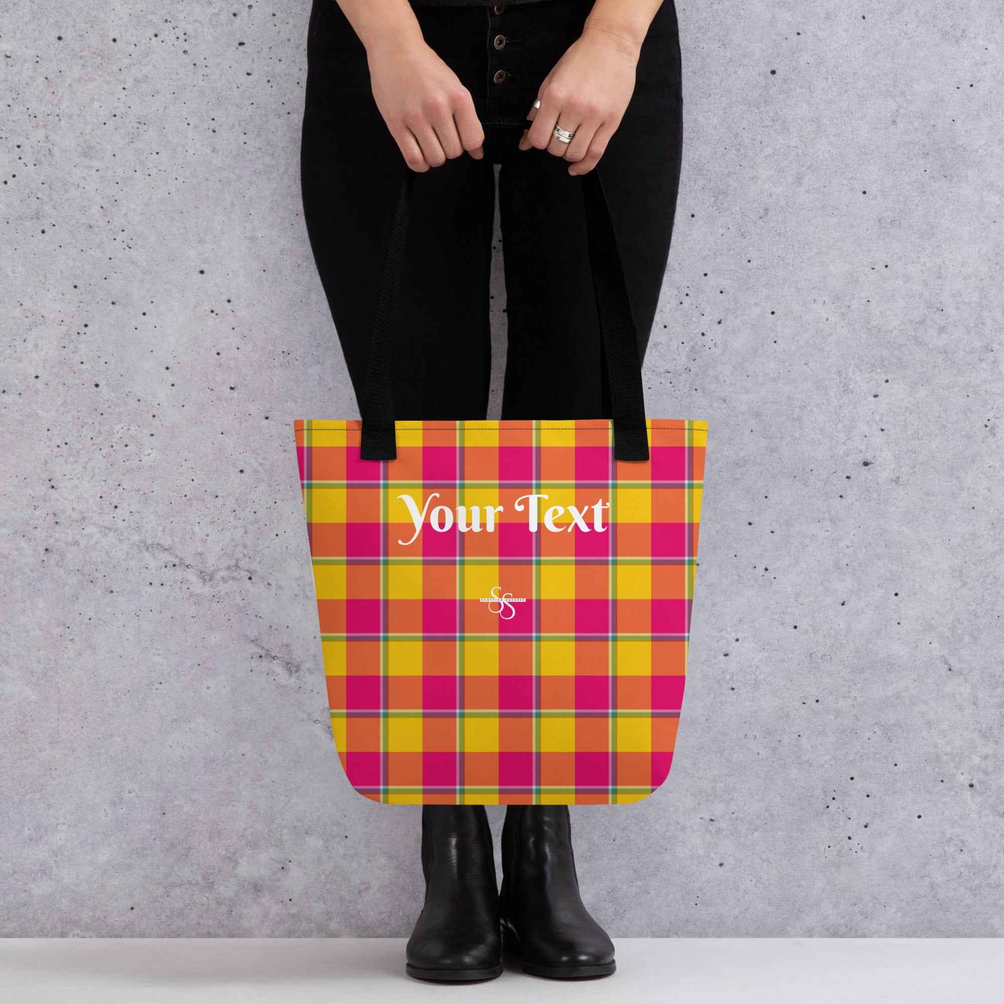 Personalized Corn and Razzmatazz Plaid Tote Bag - Scottish Squares