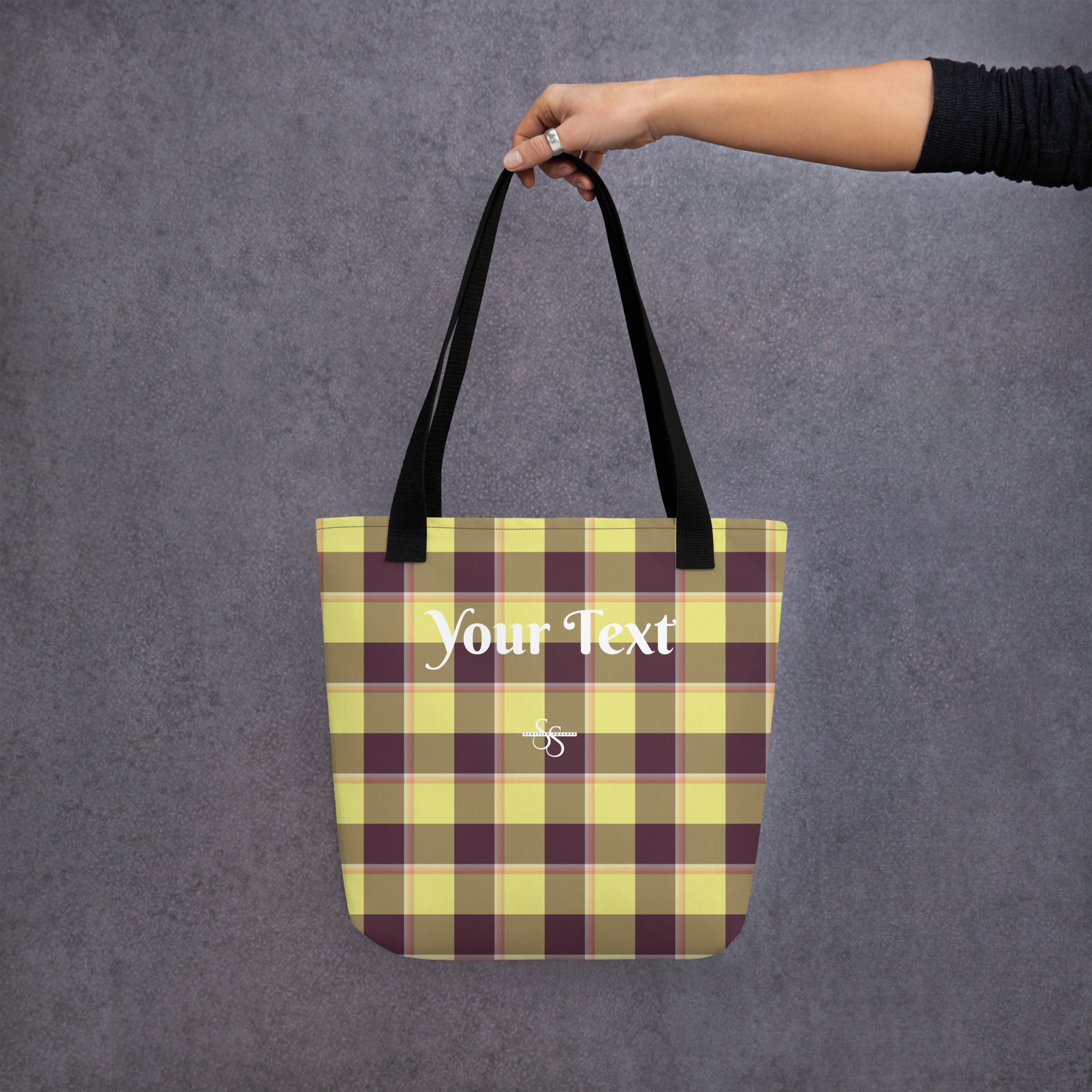 Personalized Flax and Livid Brown Plaid Tote Bag - Scottish Squares