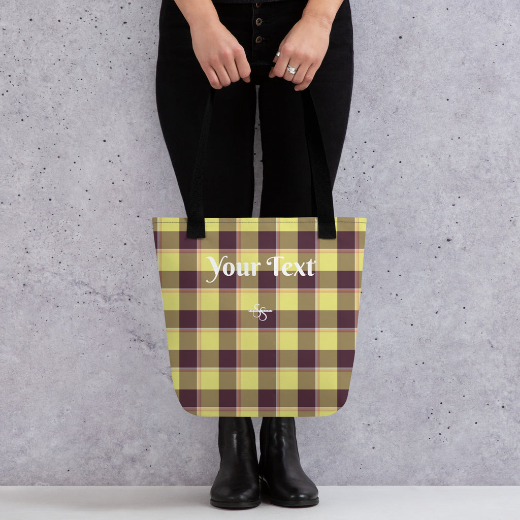 Personalized Flax and Livid Brown Plaid Tote Bag - Scottish Squares