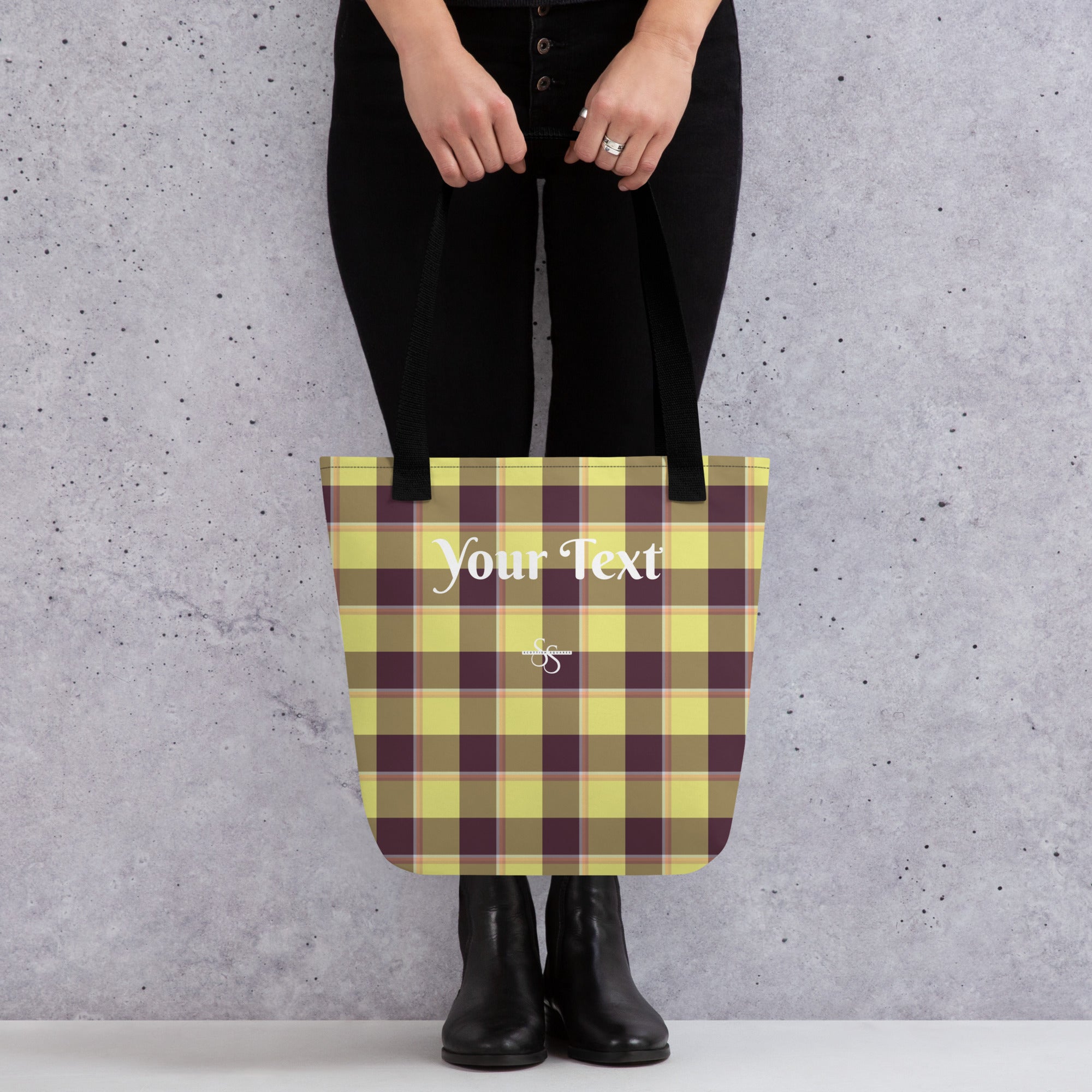 Personalized Flax and Livid Brown Plaid Tote Bag - Scottish Squares