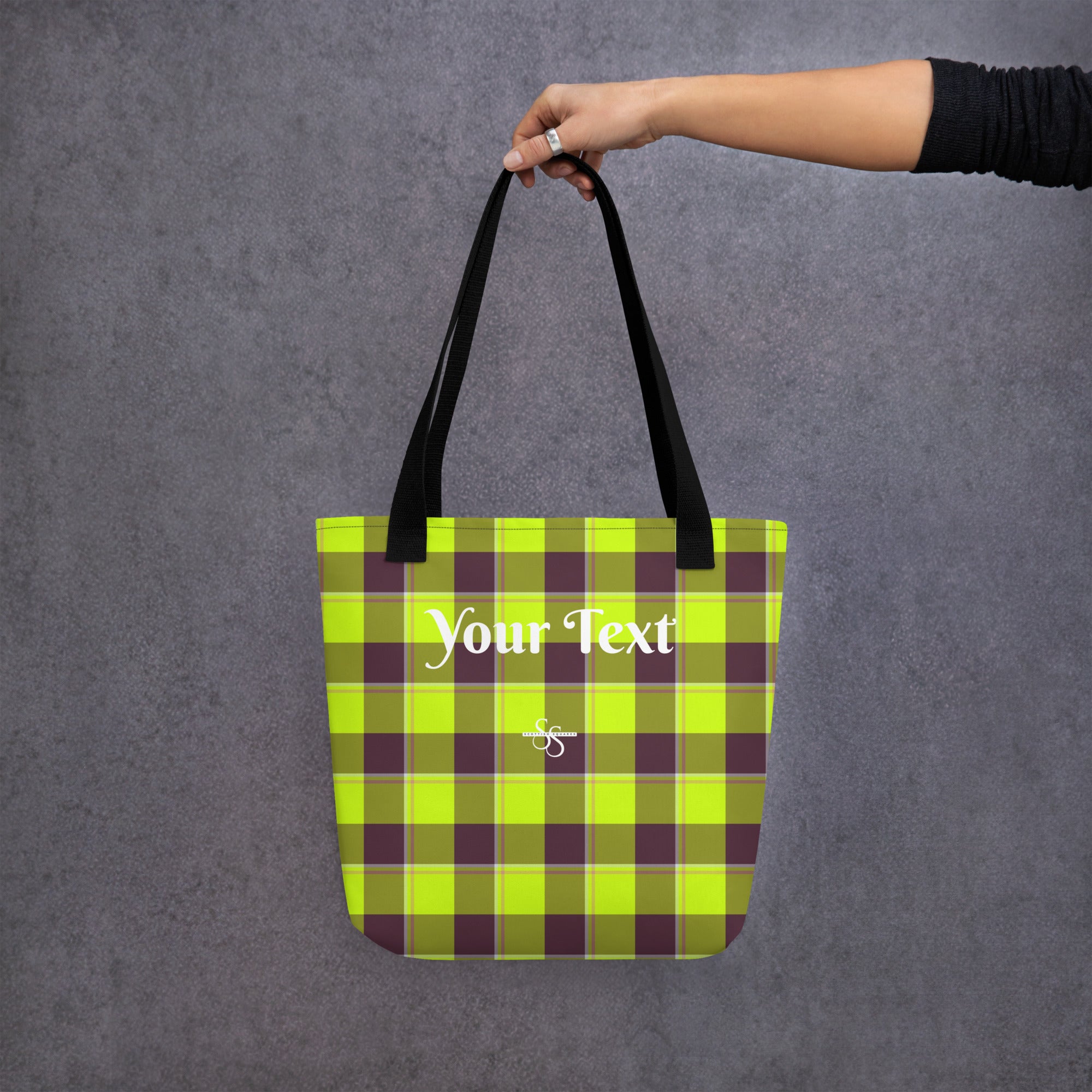 Personalized Electric Lime and Livid Brown Plaid Tote Bag - Scottish Squares