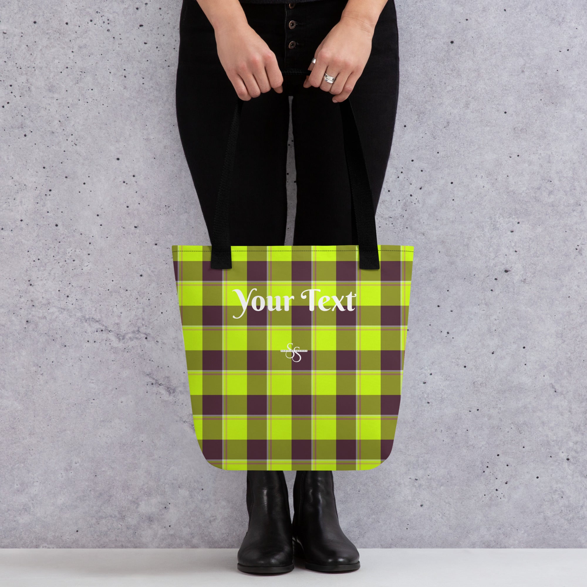 Personalized Electric Lime and Livid Brown Plaid Tote Bag - Scottish Squares