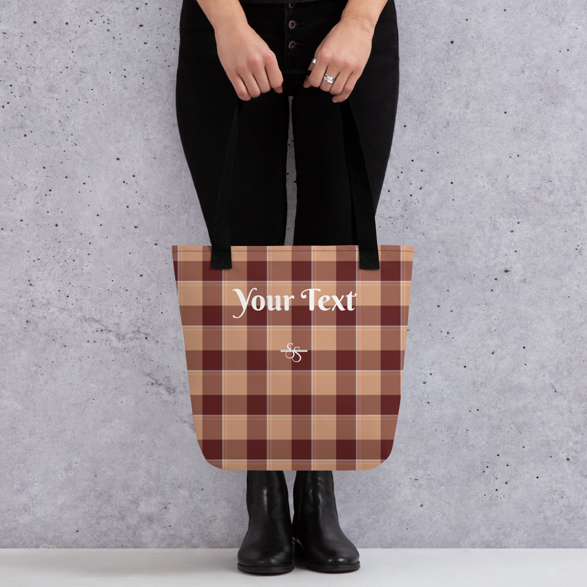 Personalized Whiskey and Livid Brown Plaid Tote Bag - Scottish Squares