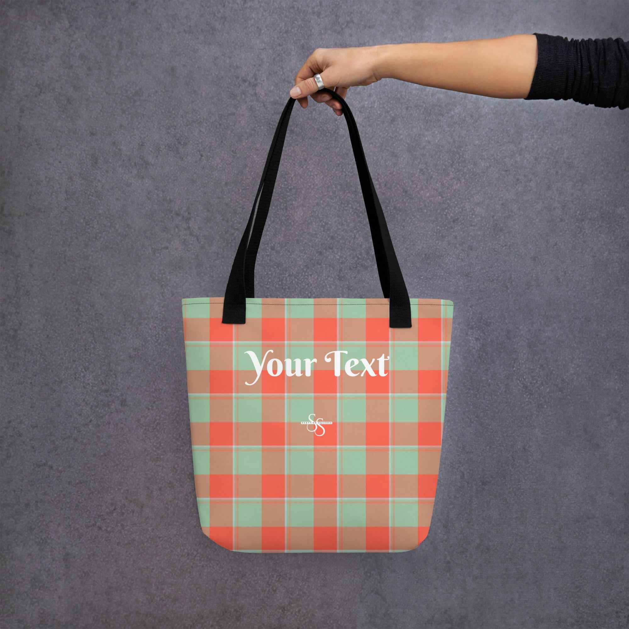 Personalized Spring Rain and Persimmon Plaid Tote Bag - Scottish Squares