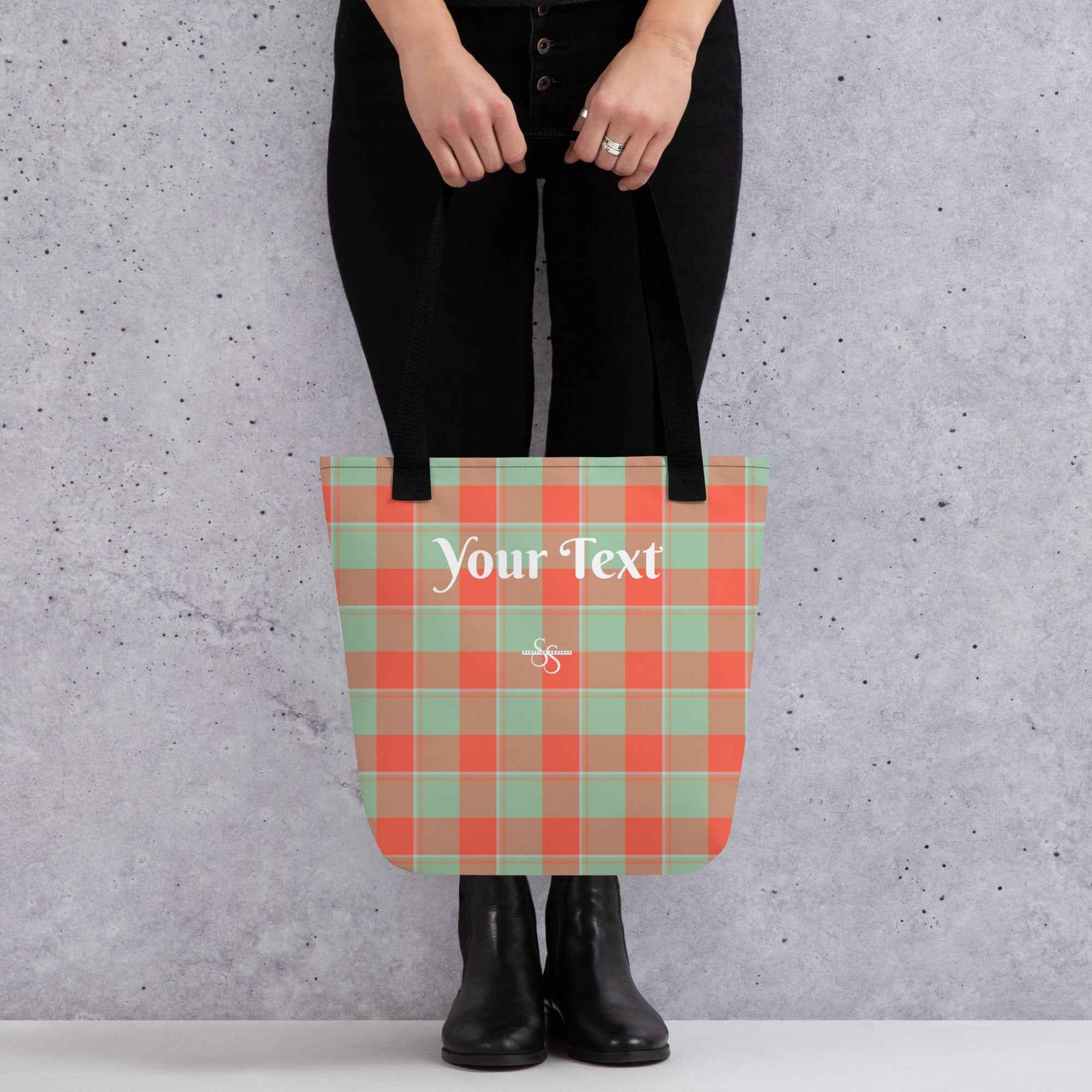 Personalized Spring Rain and Persimmon Plaid Tote Bag - Scottish Squares