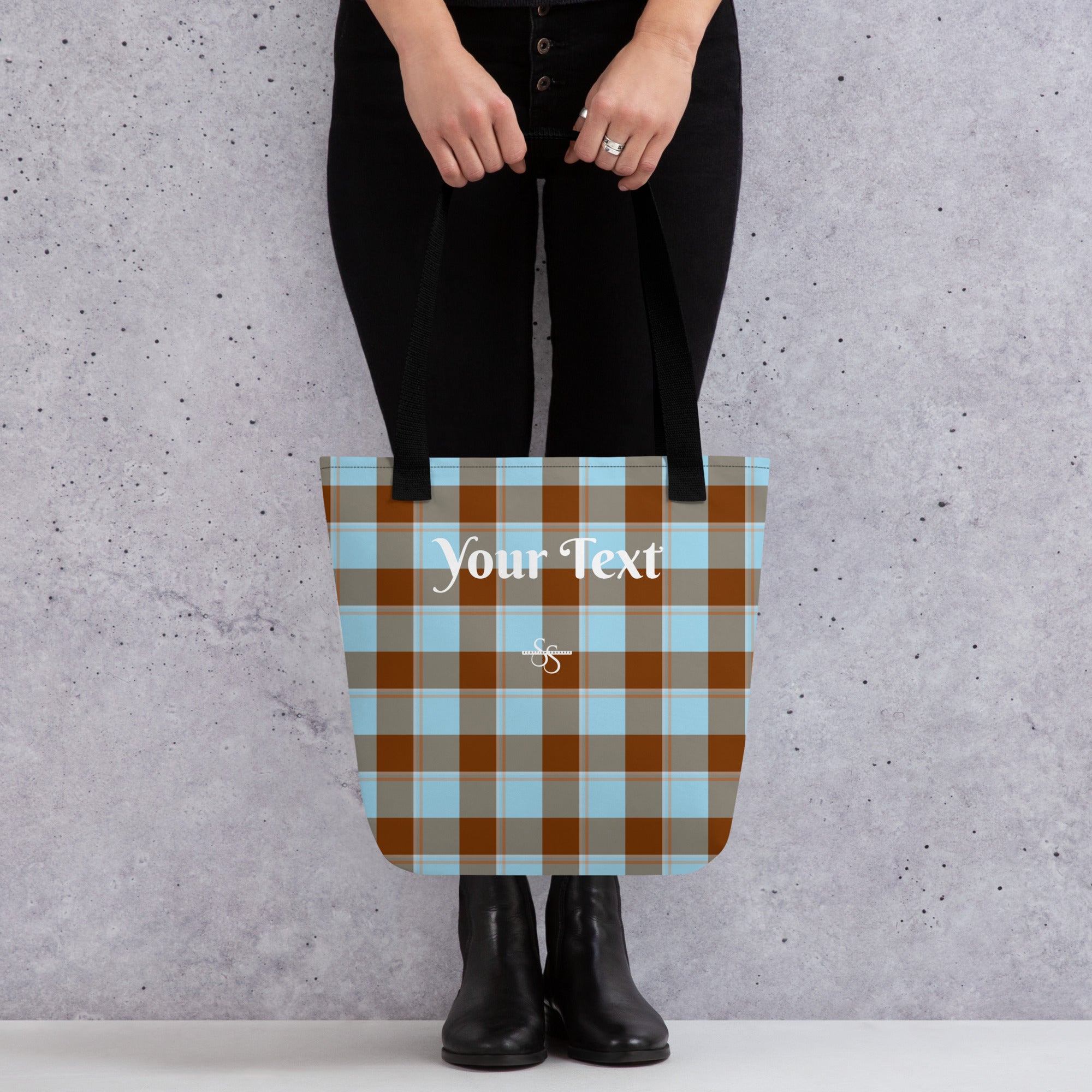 Personalized Blizzard Blue and Livid Brown Plaid Tote Bag - Scottish Squares