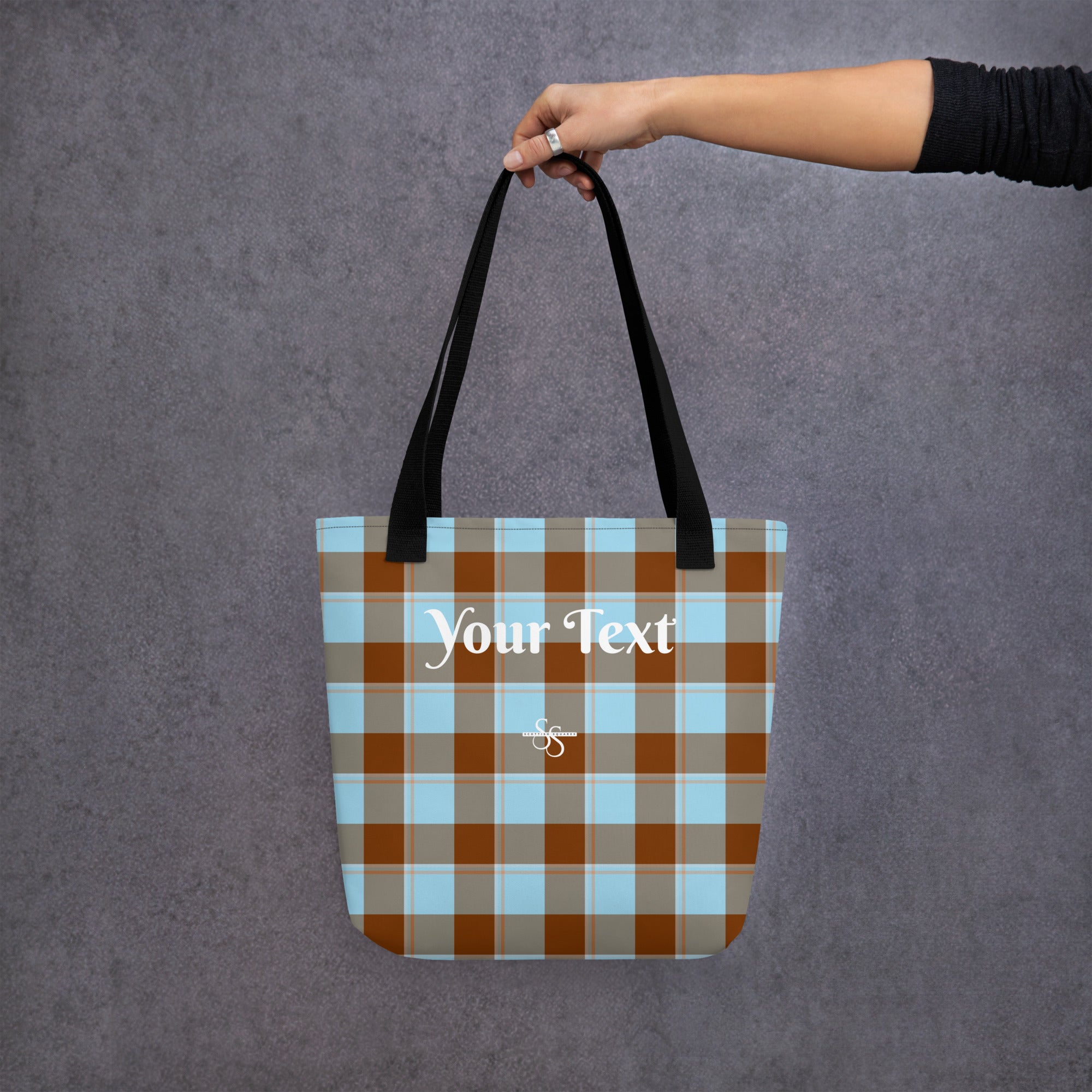 Personalized Blizzard Blue and Livid Brown Plaid Tote Bag - Scottish Squares