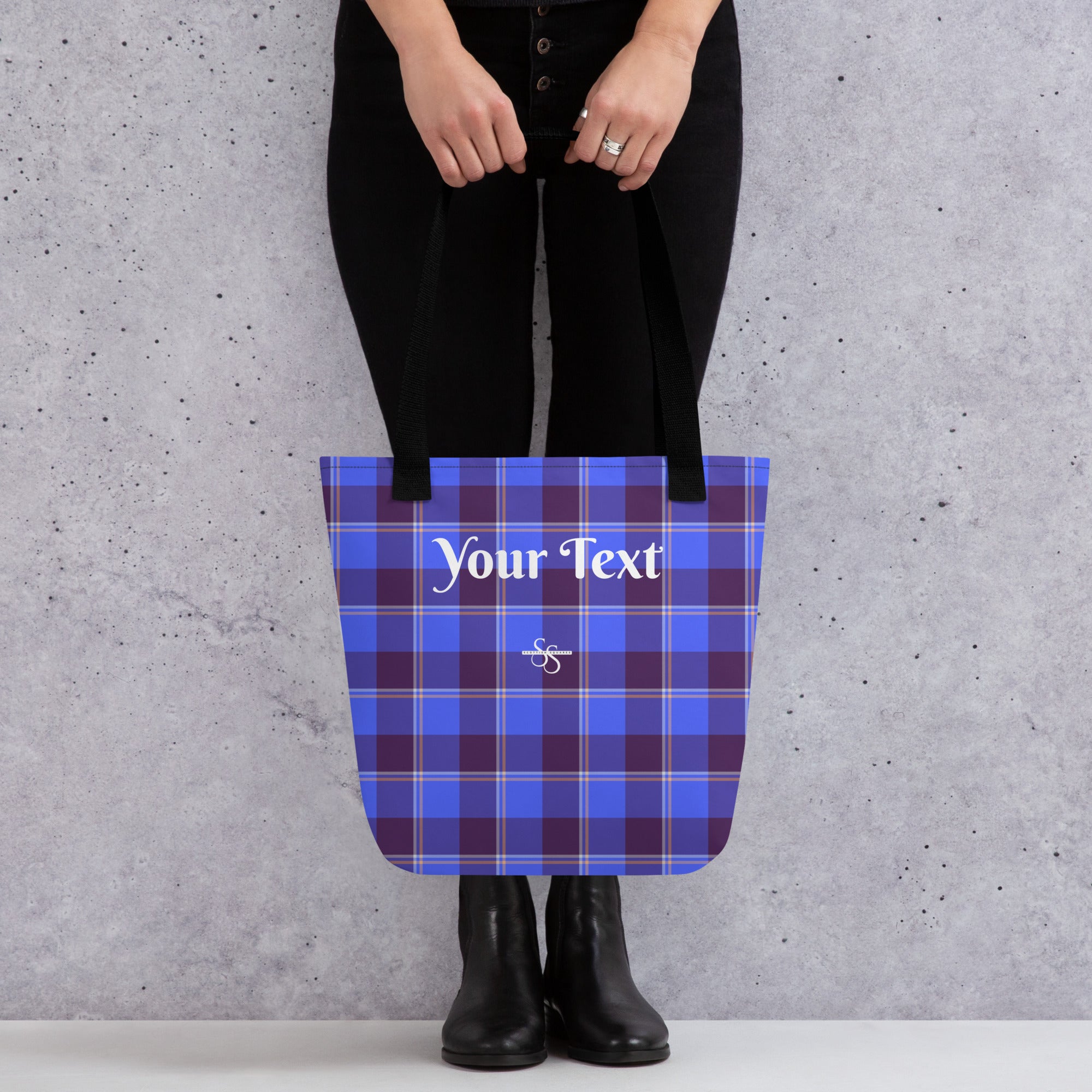 Personalized Cornflower Blue and Livid Brown Plaid Tote Bag - Scottish Squares