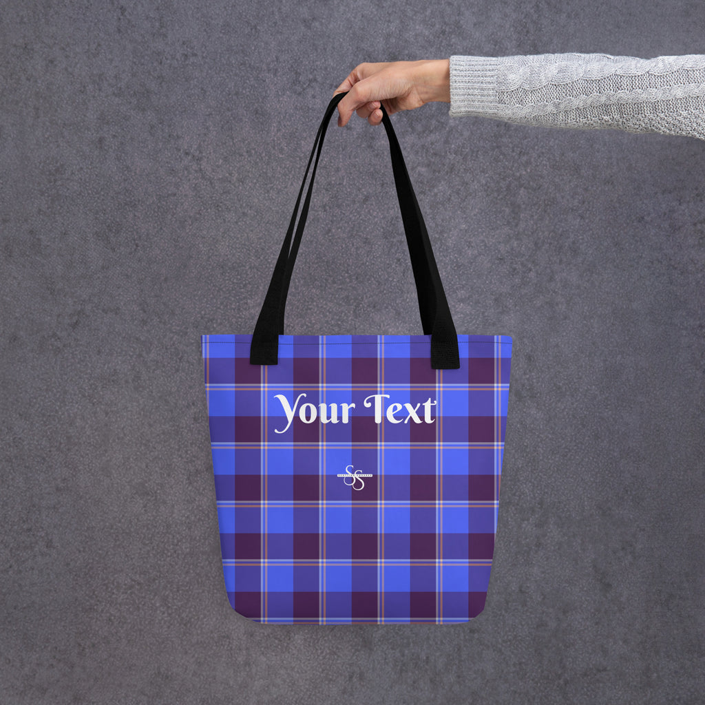 Personalized Cornflower Blue and Livid Brown Plaid Tote Bag - Scottish Squares