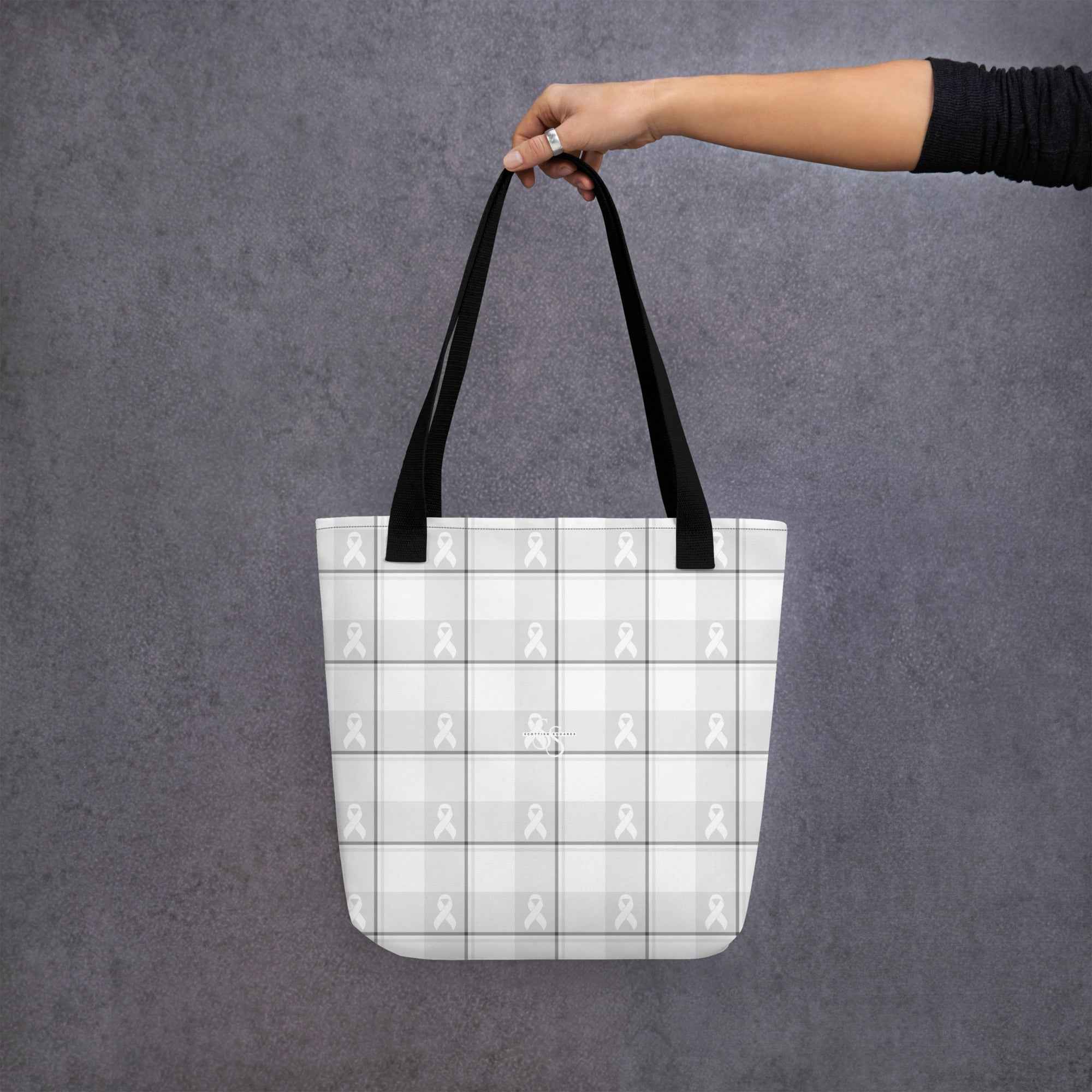 Tote Bag Lung Cancer Awareness Plaid, White Ribbon, Supportive Gift - Scottish Squares