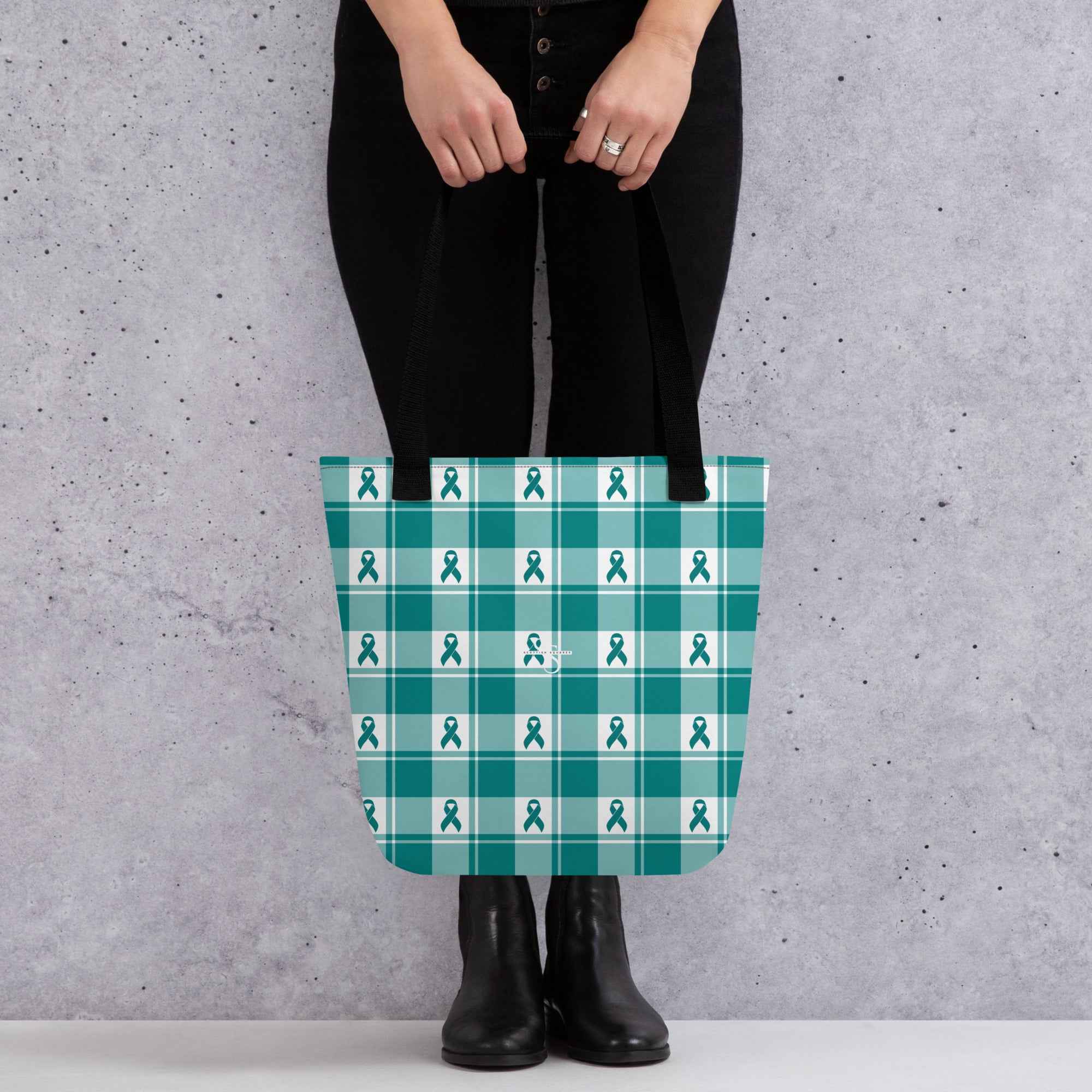 Tote Bag Cervical Cancer Awareness Plaid, Teal Ribbon, Supportive Gift Default Title - Scottish Squares