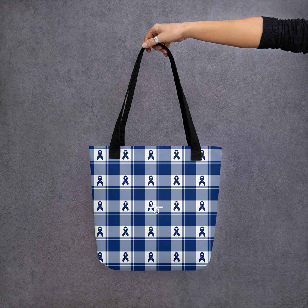 Tote Bag Colorectal Cancer Awareness Plaid, Dark Blue Ribbon, Supportive Gift - Scottish Squares