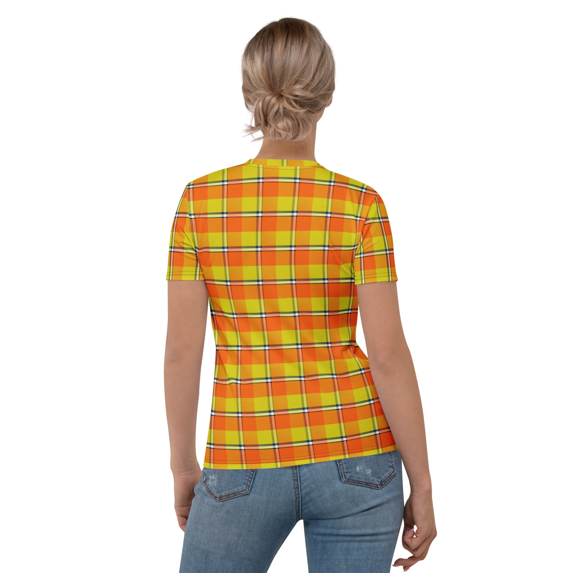 Women's T-Shirt Blaze Orange and Bird Flower Plaid - Scottish Squares
