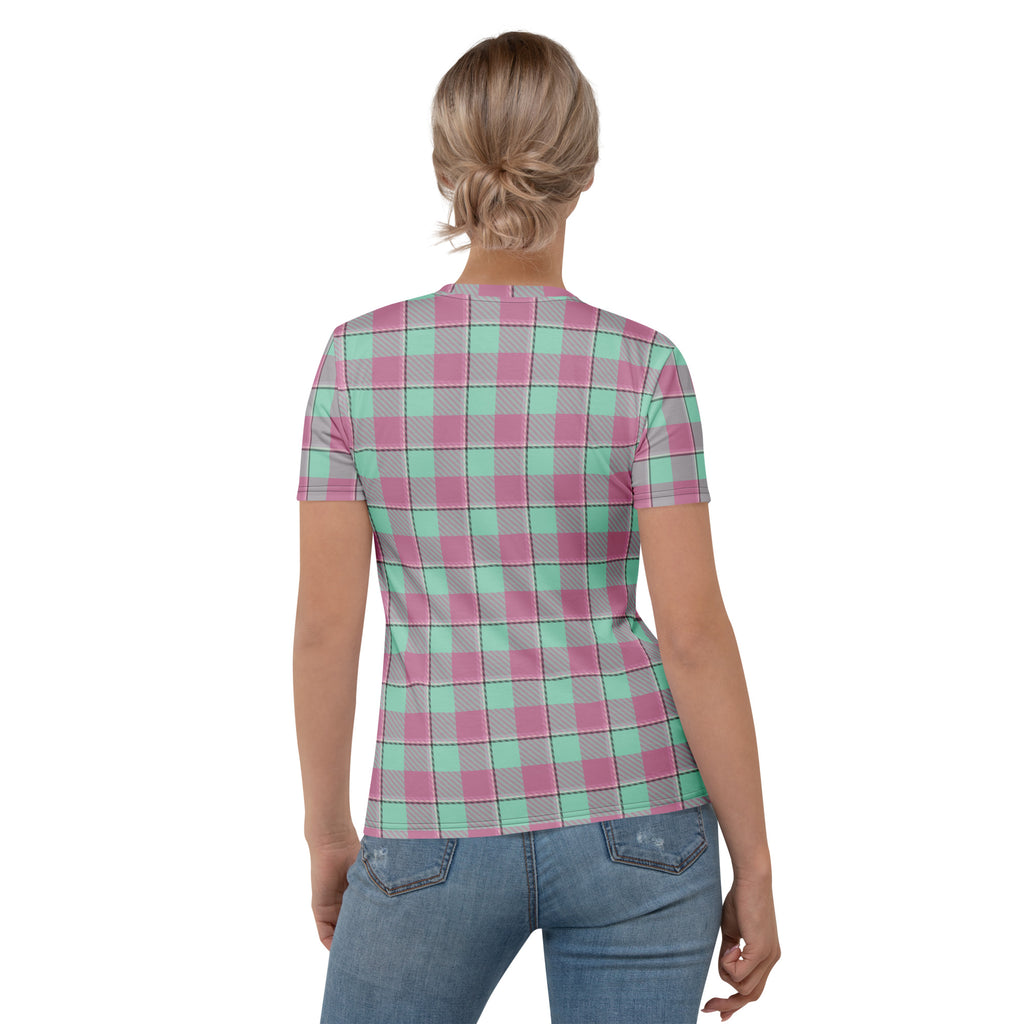 Women's T-Shirt Vista Blue and Turkish Rose Plaid - Scottish Squares