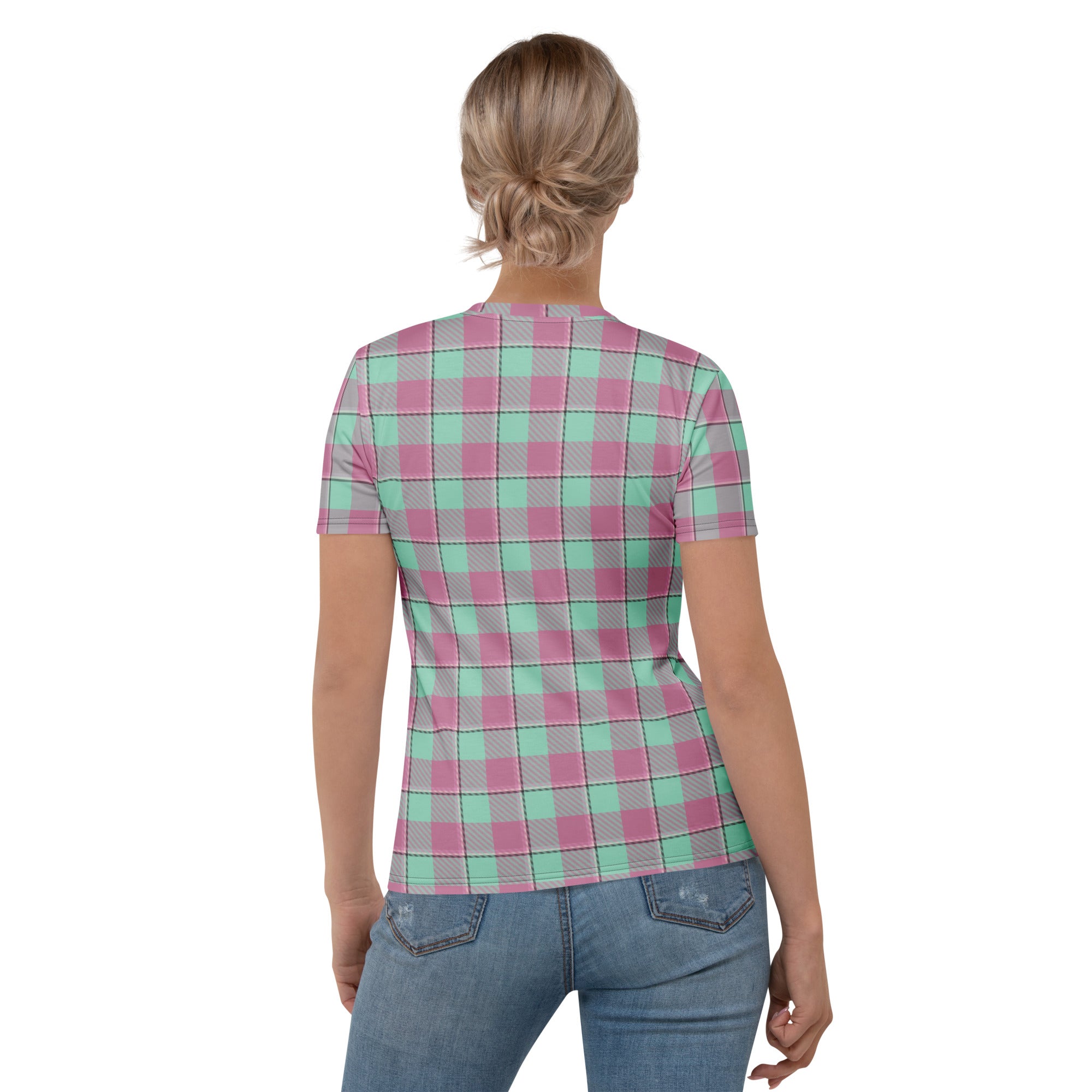 Women's T-Shirt Vista Blue and Turkish Rose Plaid - Scottish Squares