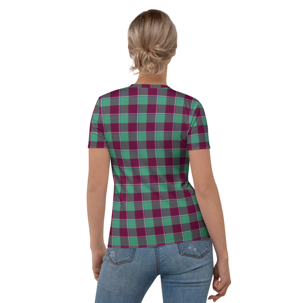 Women's T-Shirt Ocean Green and Mulberry Wood Plaid - Scottish Squares