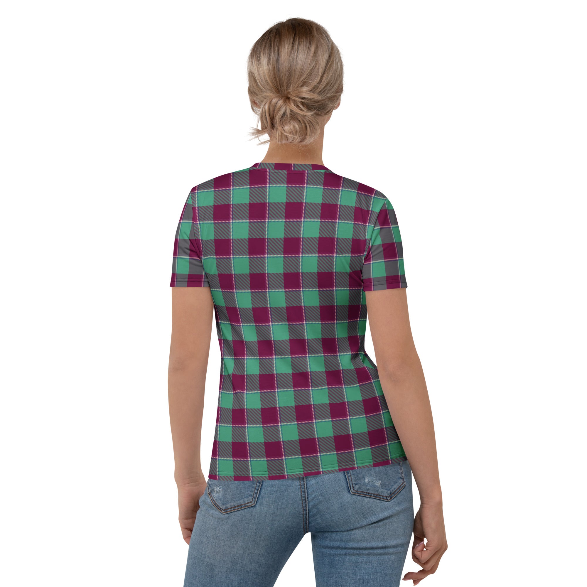 Women's T-Shirt Ocean Green and Mulberry Wood Plaid - Scottish Squares