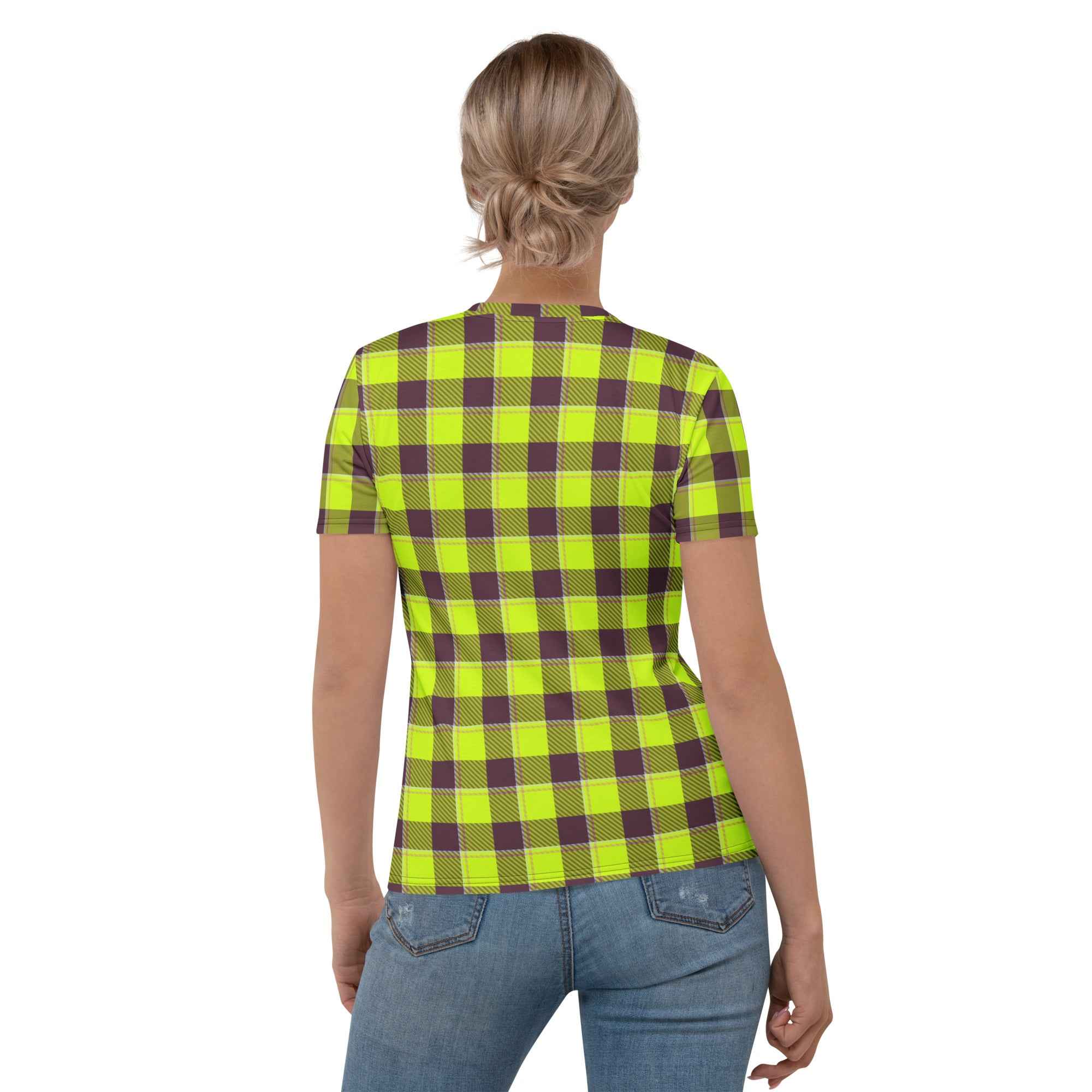 Women's T-Shirt Electric Lime and Livid Brown Plaid