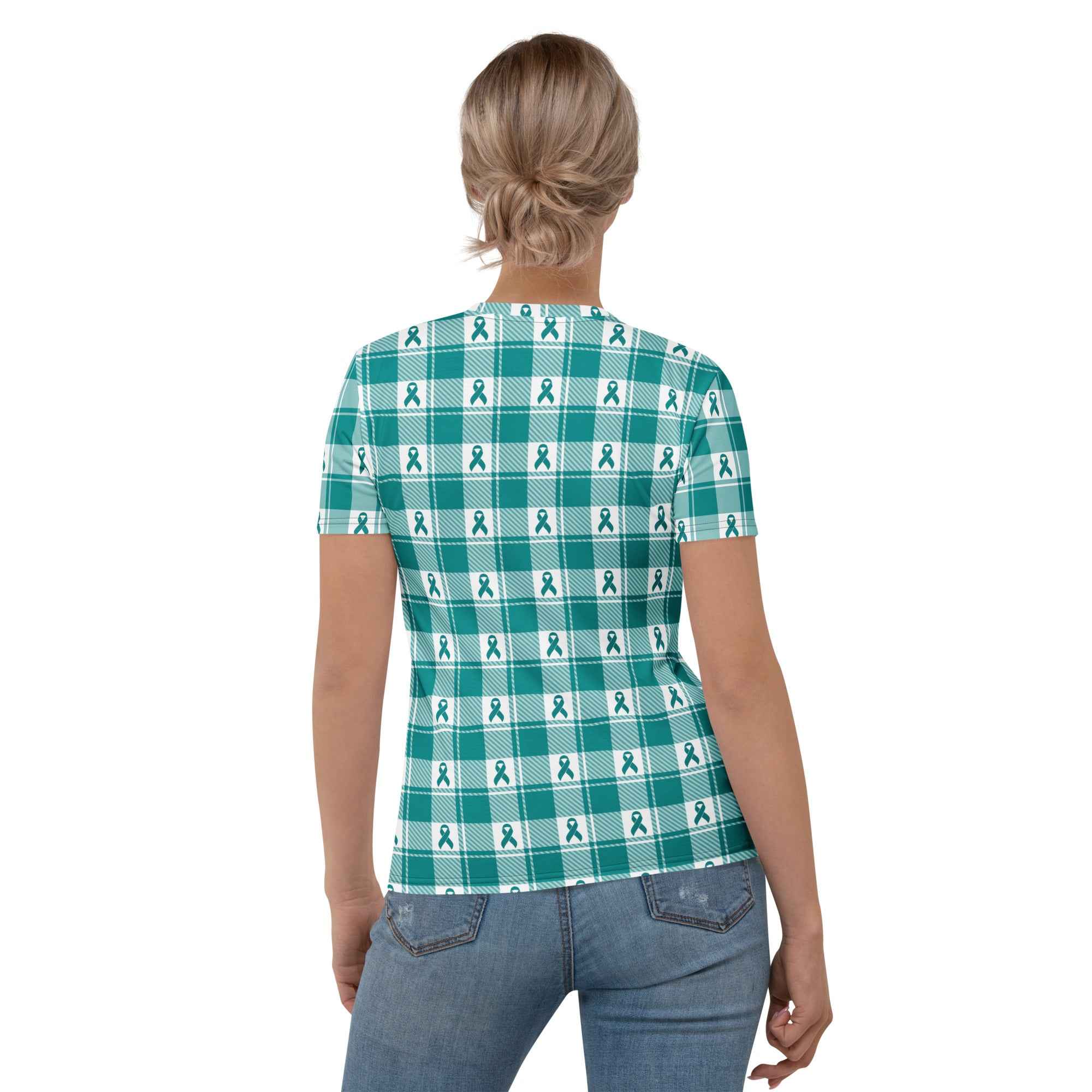 Women's T-Shirt Cervical Cancer Awareness Plaid, Teal Ribbon, Supportive Gift - Scottish Squares