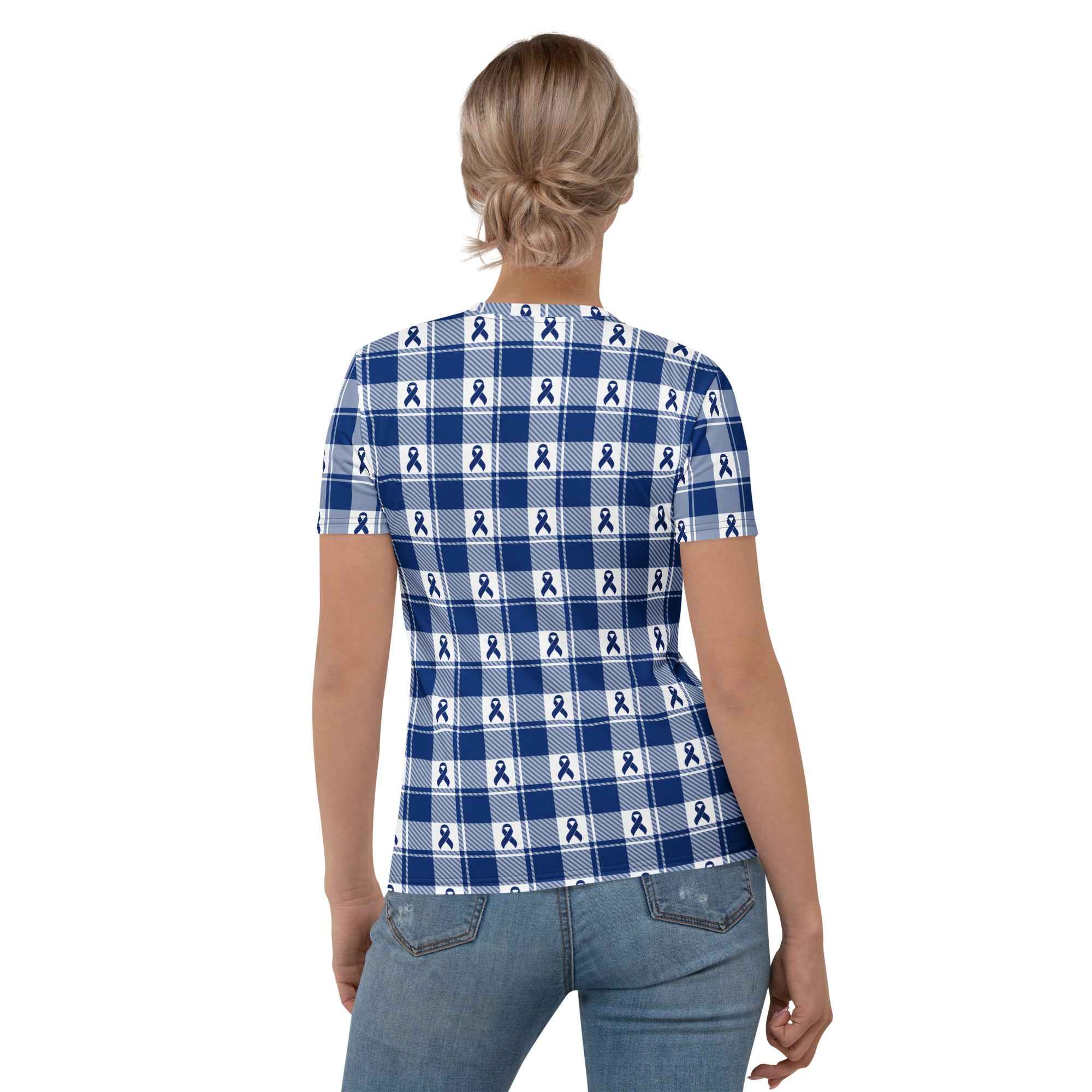 Women's T-Shirt Colorectal Cancer Awareness Plaid, Dark Blue Ribbon, Supportive Gift - Scottish Squares